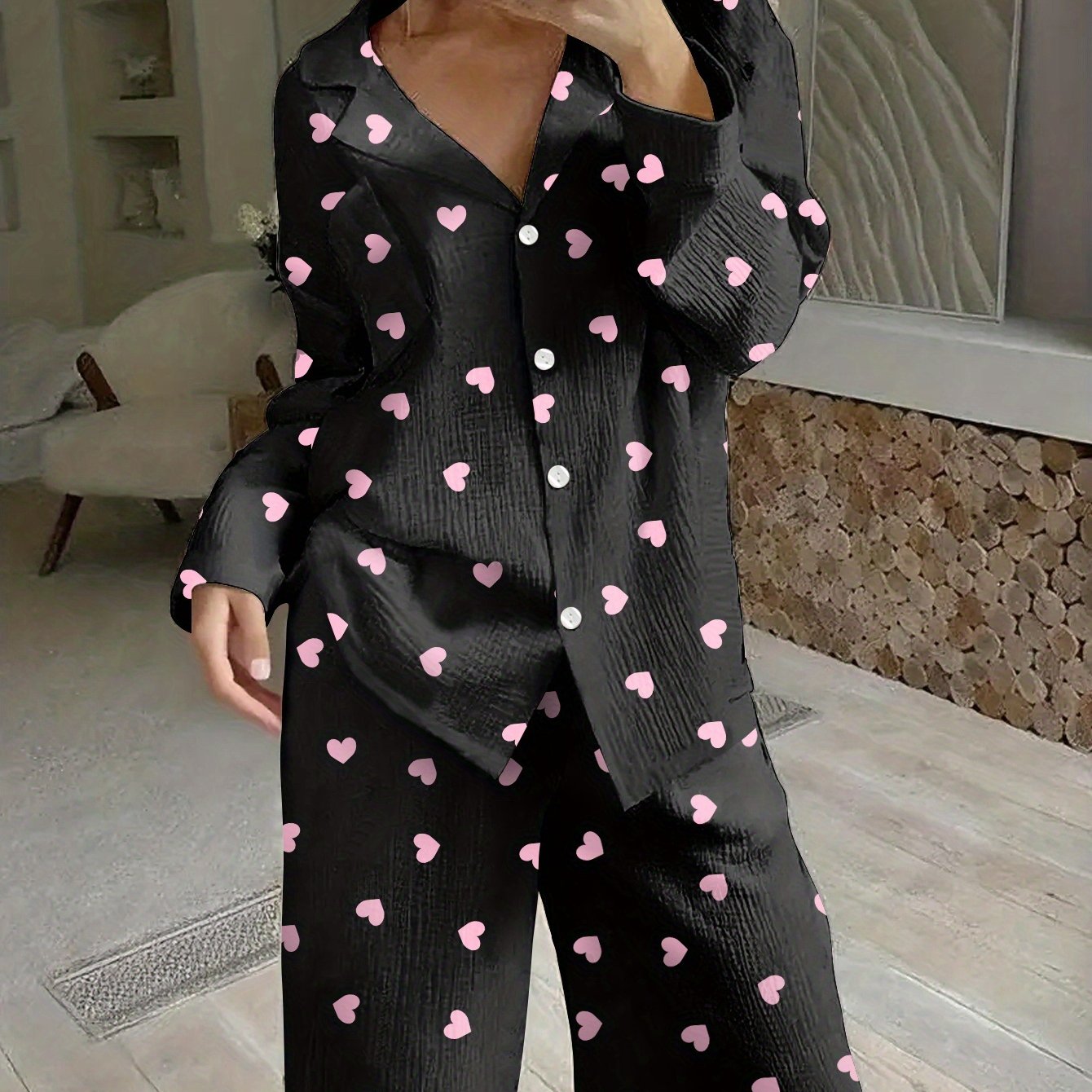 25qh Women's Pajama Set Featuring A Print Long-sleeve Button-up Shirt With Long Pants
