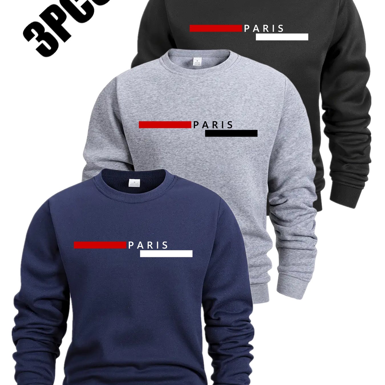 TEMU Ensemble de sweatshirts pour hommes PARIS | Sweatshirt sport doublé épais avec col rond imprimé, pull décontracté couche de base, tendance mode
