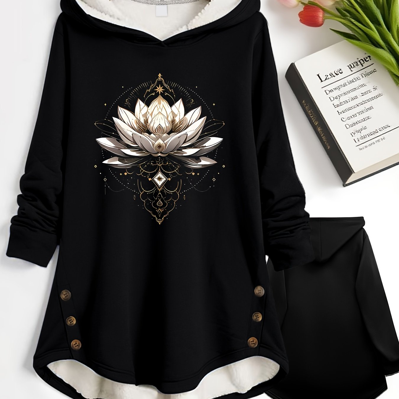 TEMU -lined Hooded Button-up Women's Autumn/winter Warm Hooded Jacket, Lined Hood, Printed Hooded Sweatshirt, , Machine Washable, Suitable For