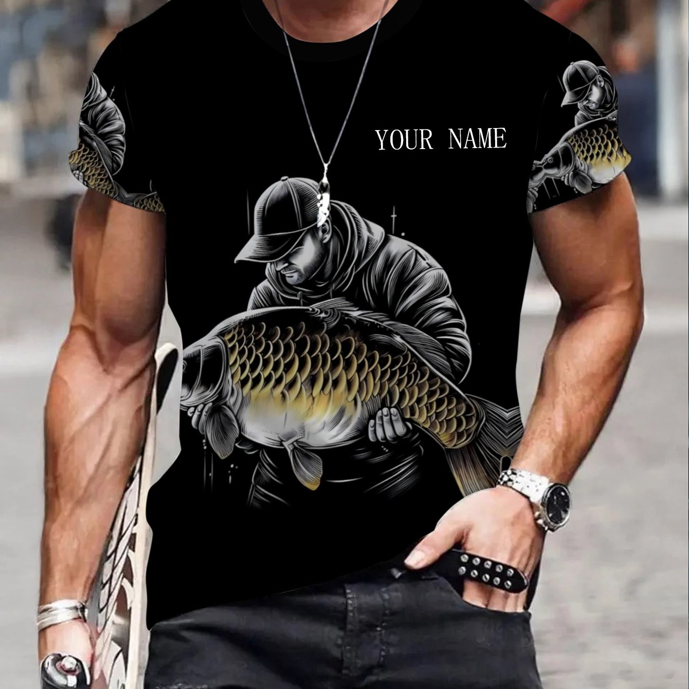TEMU [customizable] Men's Fashion Round Neck Short Sleeve T-shirt, Spring Summer , Customizable Name Sketch Carp Fishing Enthusiast Hooded Fisherman