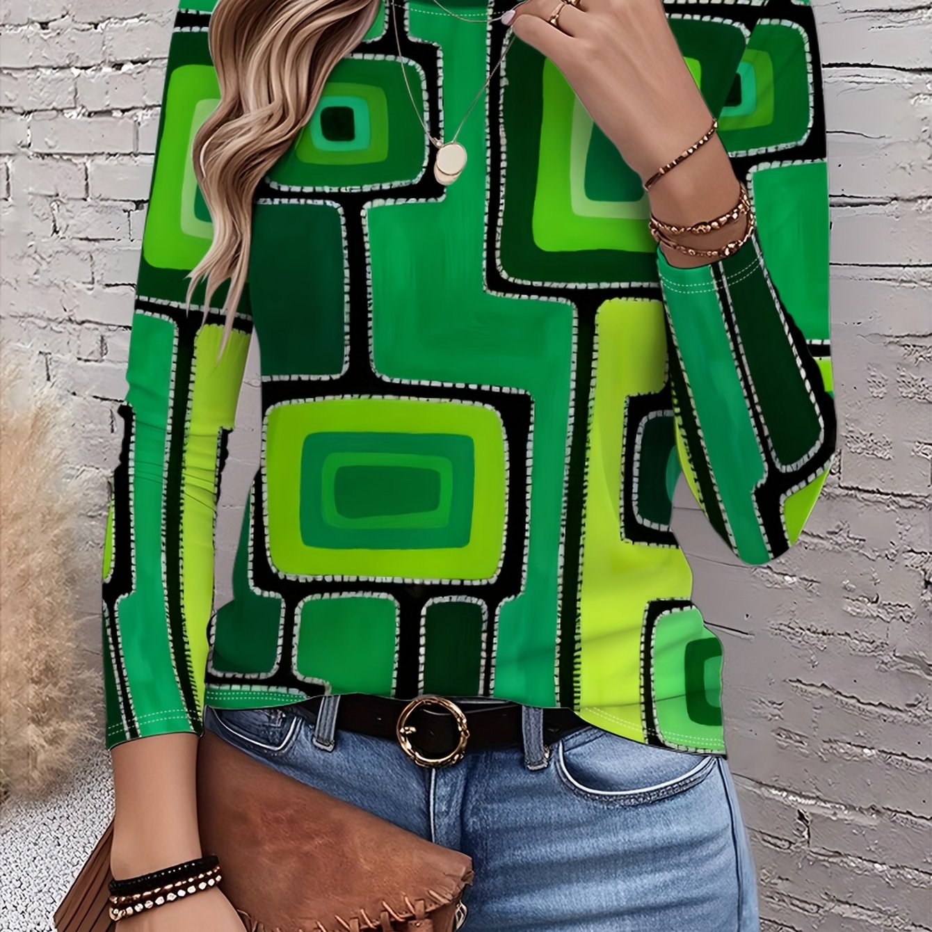 TEMU Ropa de mujer - Estampado de parche de bloques geométricos y color block vintage, cuello , larga, para /otoño-085
