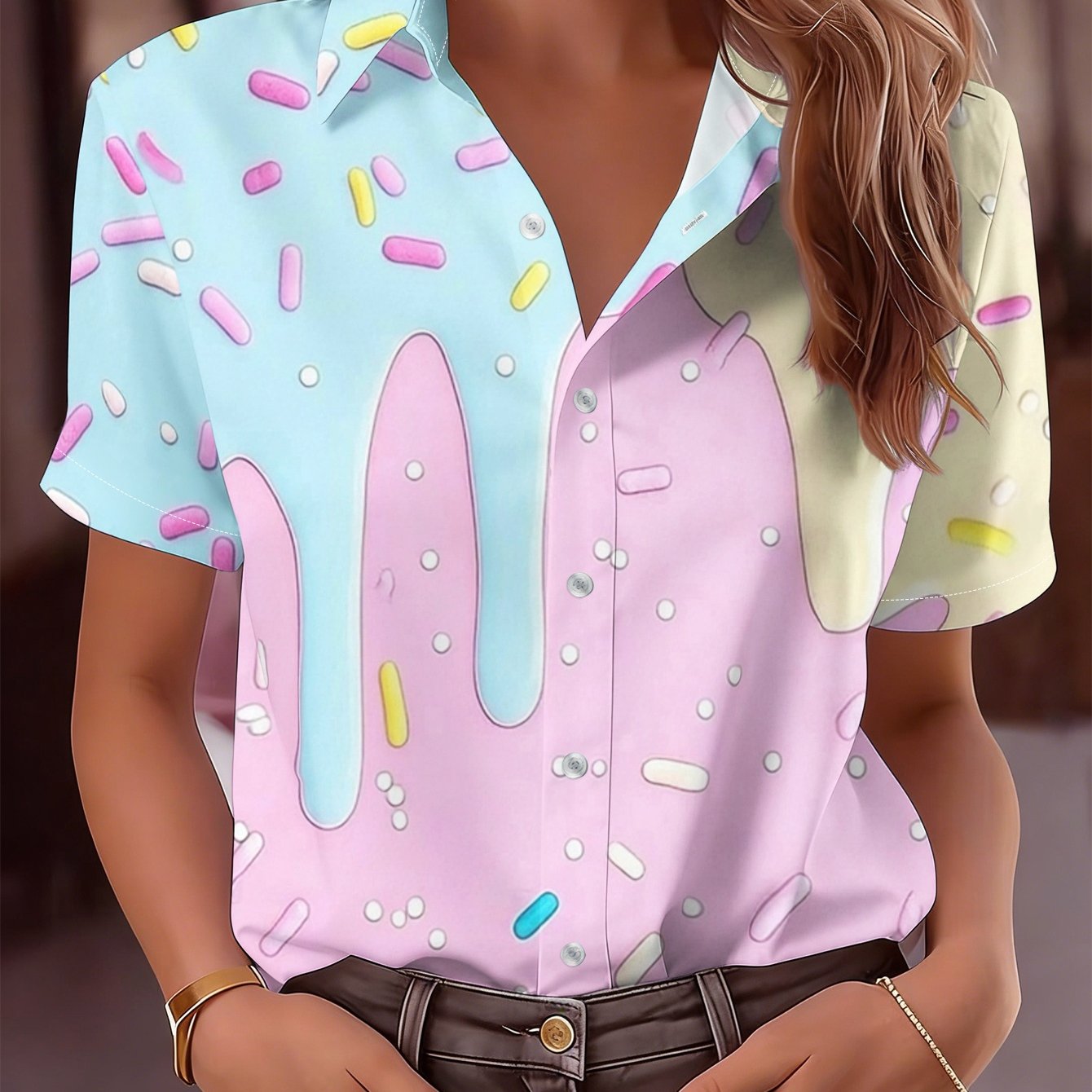 TEMU Completo sportivo da donna con camicia abbottonata rosa blu a 3 colori , stampa colorata con zuccherini e aghi, top casual a maniche corte