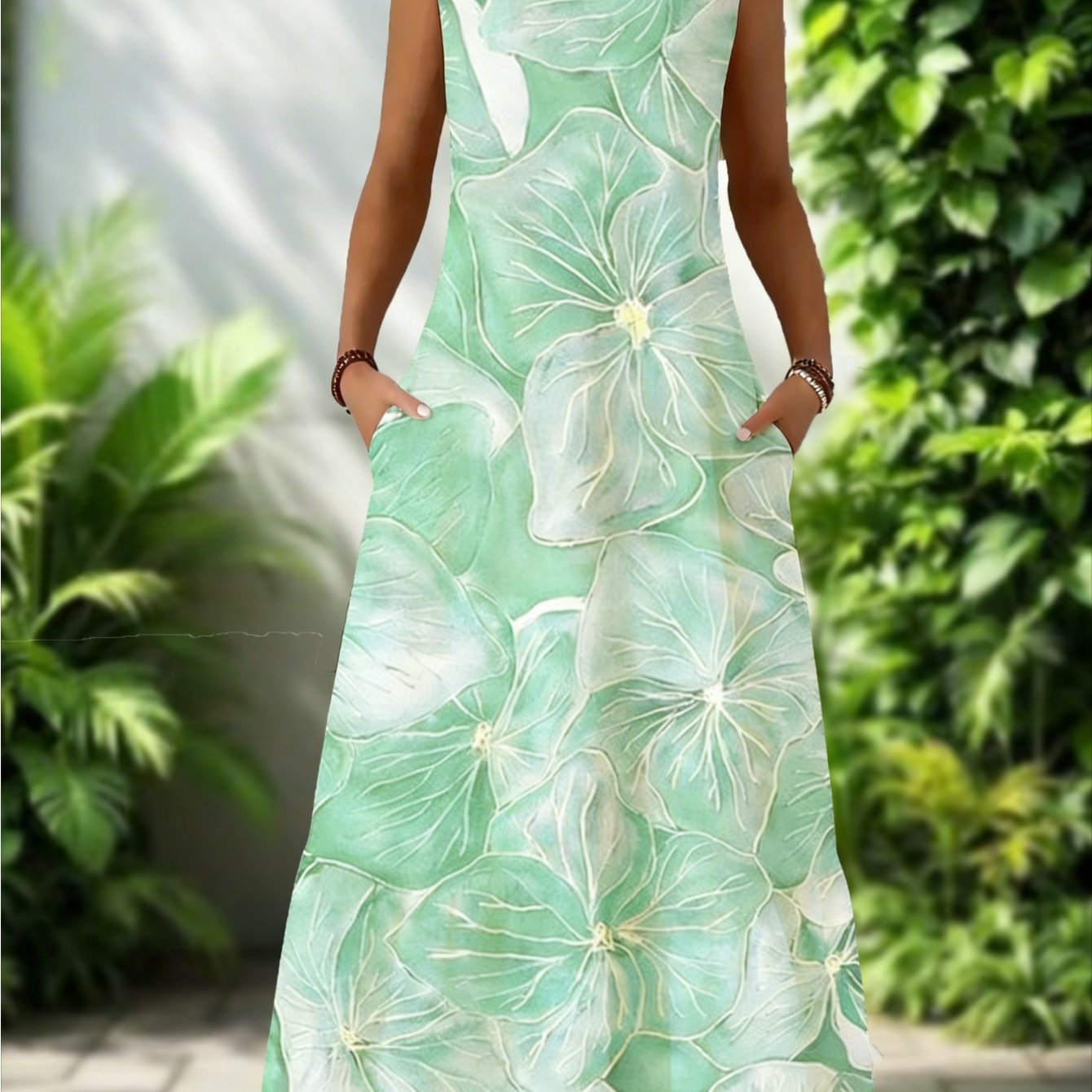 Plus Size, Plus Size Lightweight Ladies Sleeveless Blue Flower Elegant Fashion Pattern Pocket Dress | Casual Summer Style, Crew Neck, Loose Version, Comfortable In , Ideal For And Casual Gatherings
