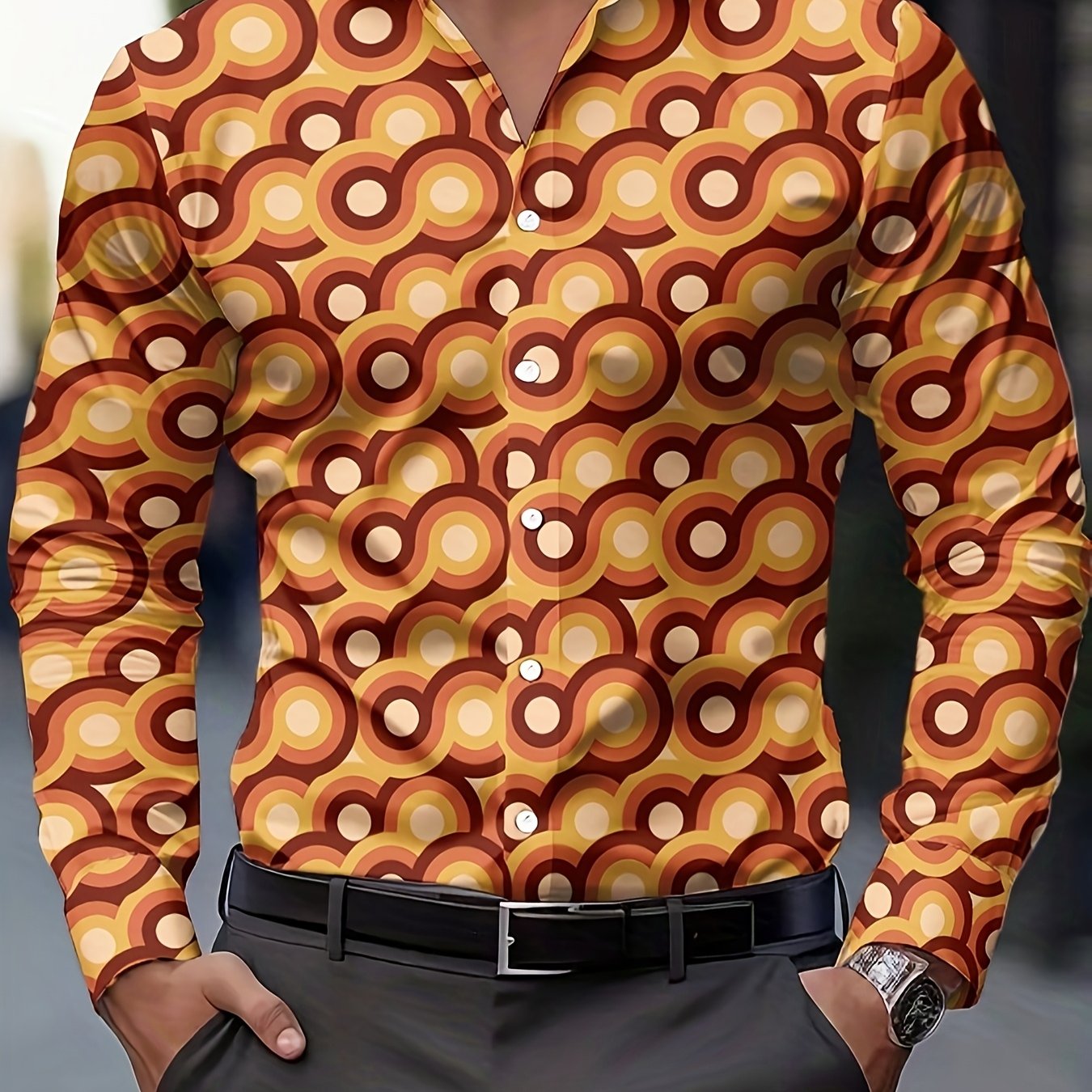 TEMU Men's Fashion Printed Shirt Featuring A 70's Vintage Geometric , Casual Wear. This Long-sleeve Button- Shirt Is Suitable For Spring, Summer, And