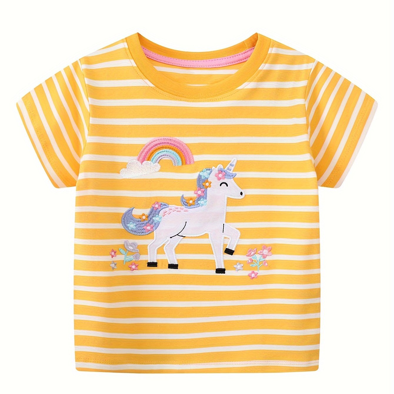 Image of Summer Short-sleeve T-shirt For Girls Made Of, Featuring A Cartoon Unicorn With Rainbow And Flower Embroidery, Soft And Breathable Top