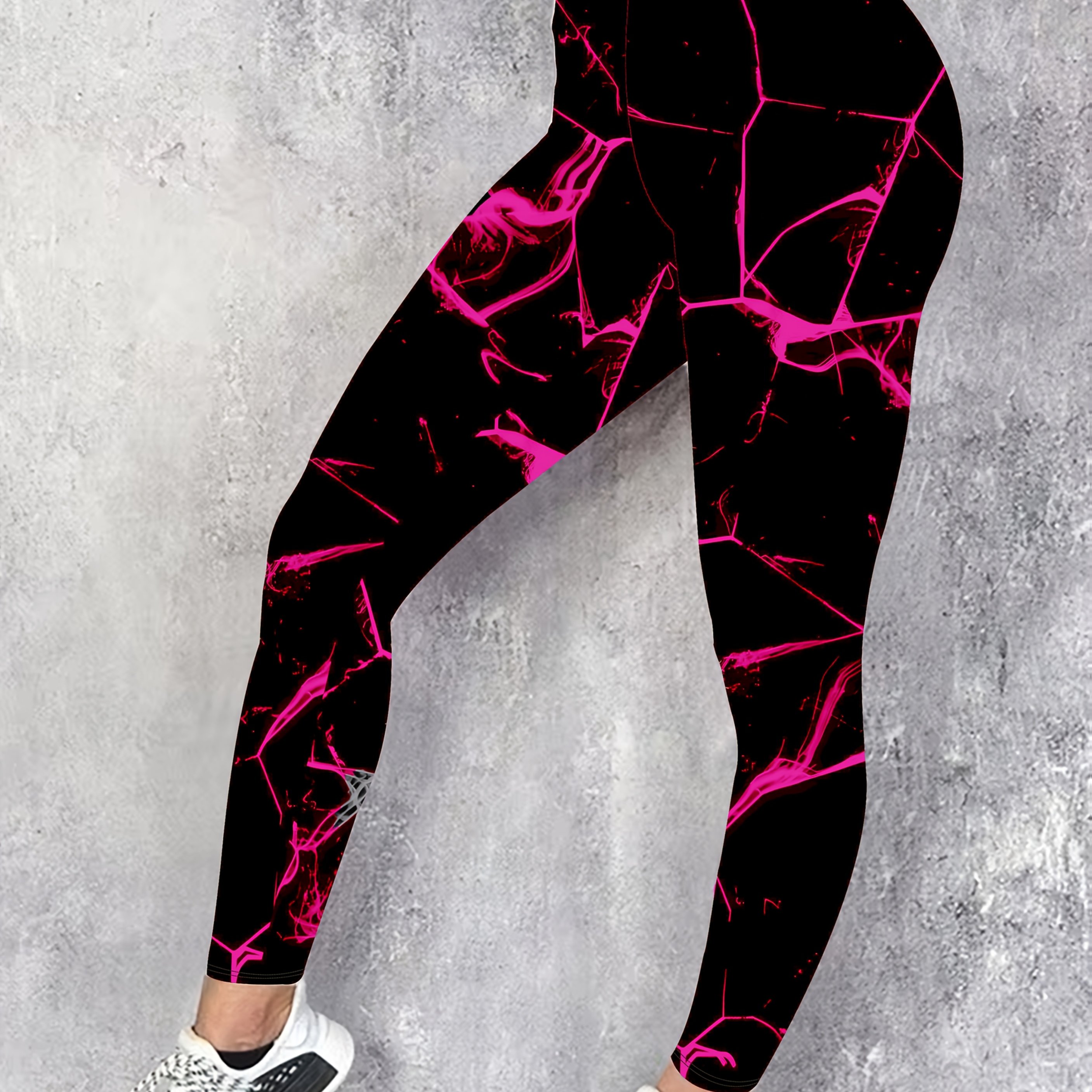 E-shop High-Waist Leggings für Damen mit Neon-Grün & Lila Streifen – 4-Wege-Stretch-Hose, Maschinenwaschbar, & Casual Wear, Lebendiges Streifmuster,