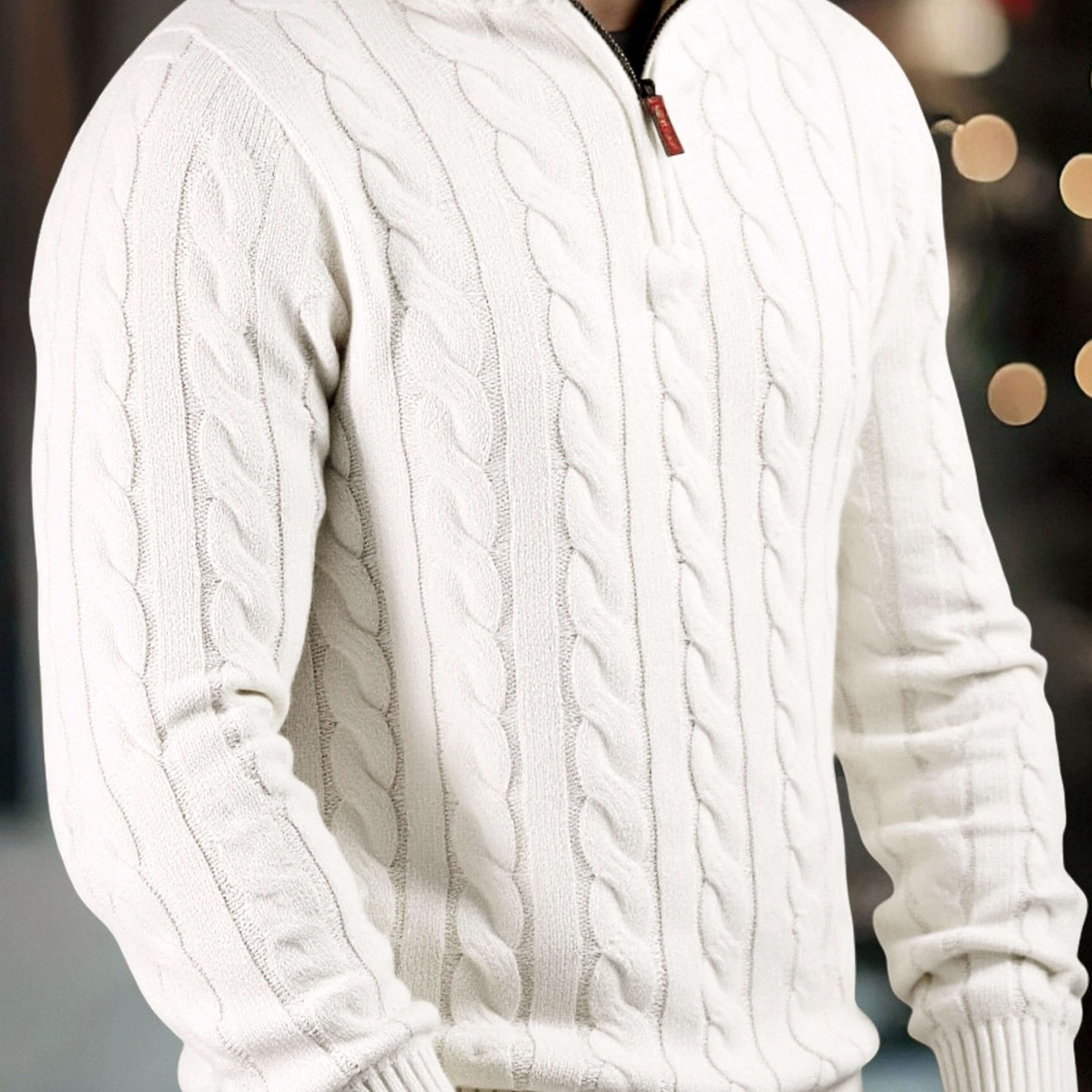 Image of Men's Fashion High-neck Zipper Twist Knit Sweater, Solid Color Versatile Pullover, Soft Medium-stretch Fabric, Suitable For Autumn/, Date Night, Casual Wear, Ideal As A Gift