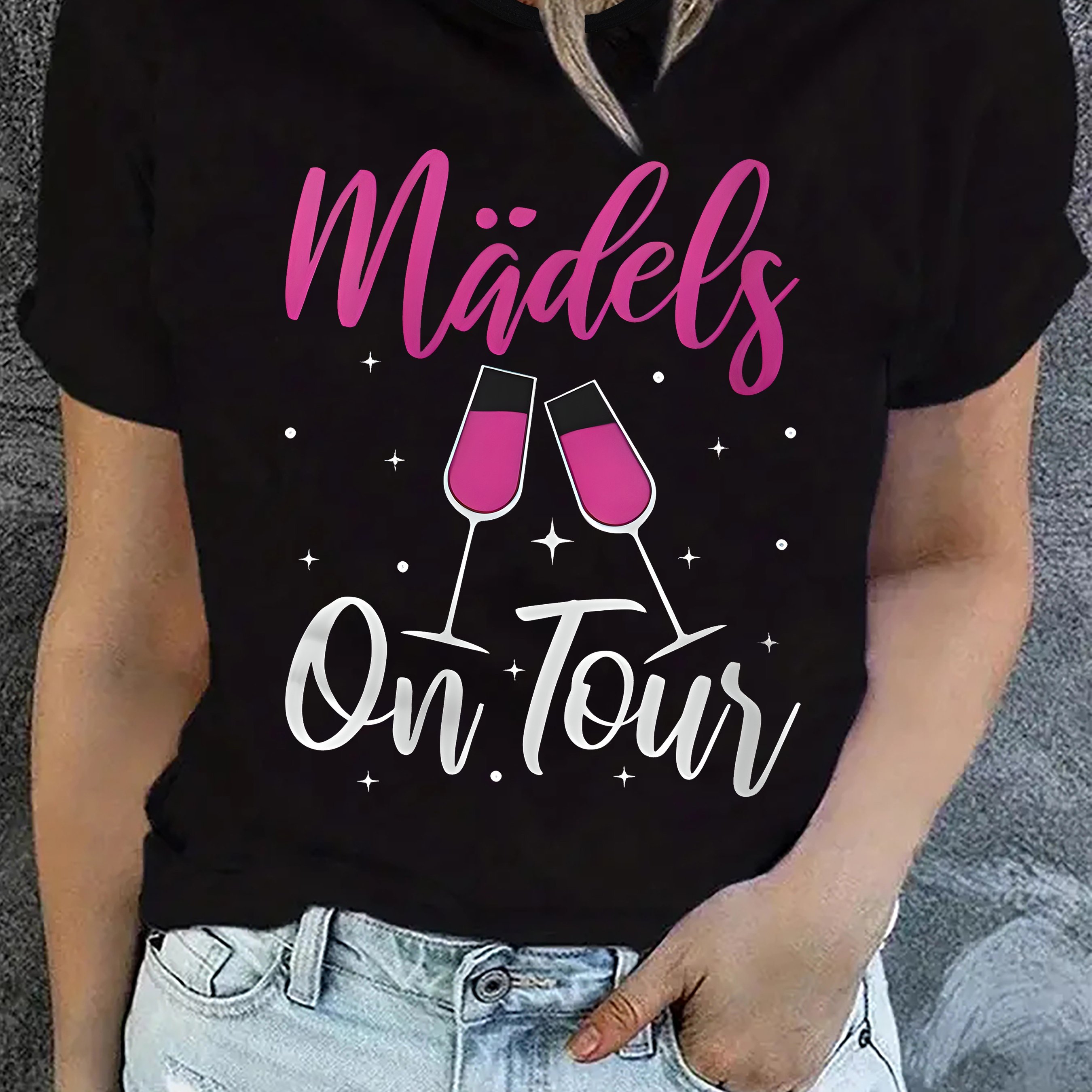 TEMU Plus Size, Letter Print Plus Size Damen T-Shirts, Casual Rundhals-Top für Frühling & Sommer, Damenmode