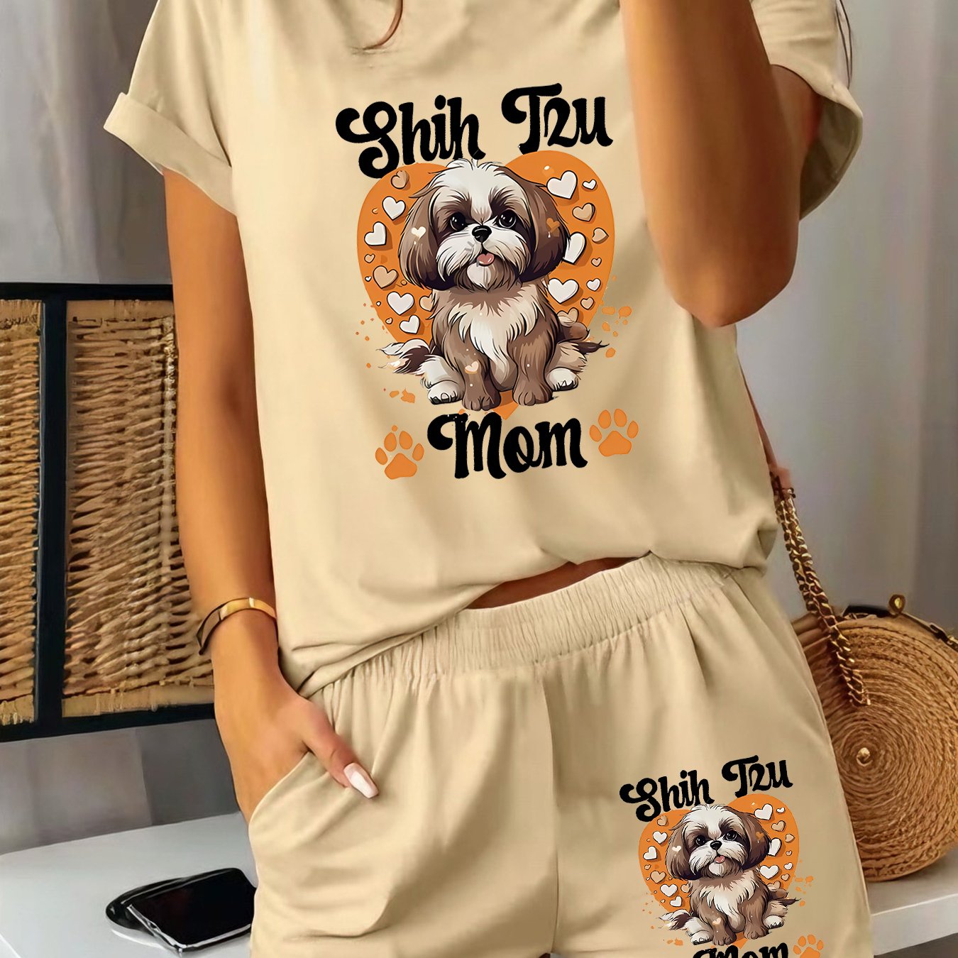 TEMU 2pcs Women's Summer Casual Sport Short Sleeve Set - Mother's Day Heart Pet Dog Print, Fun Pattern Short Sleeve Shorts Set, Comfortable Soft