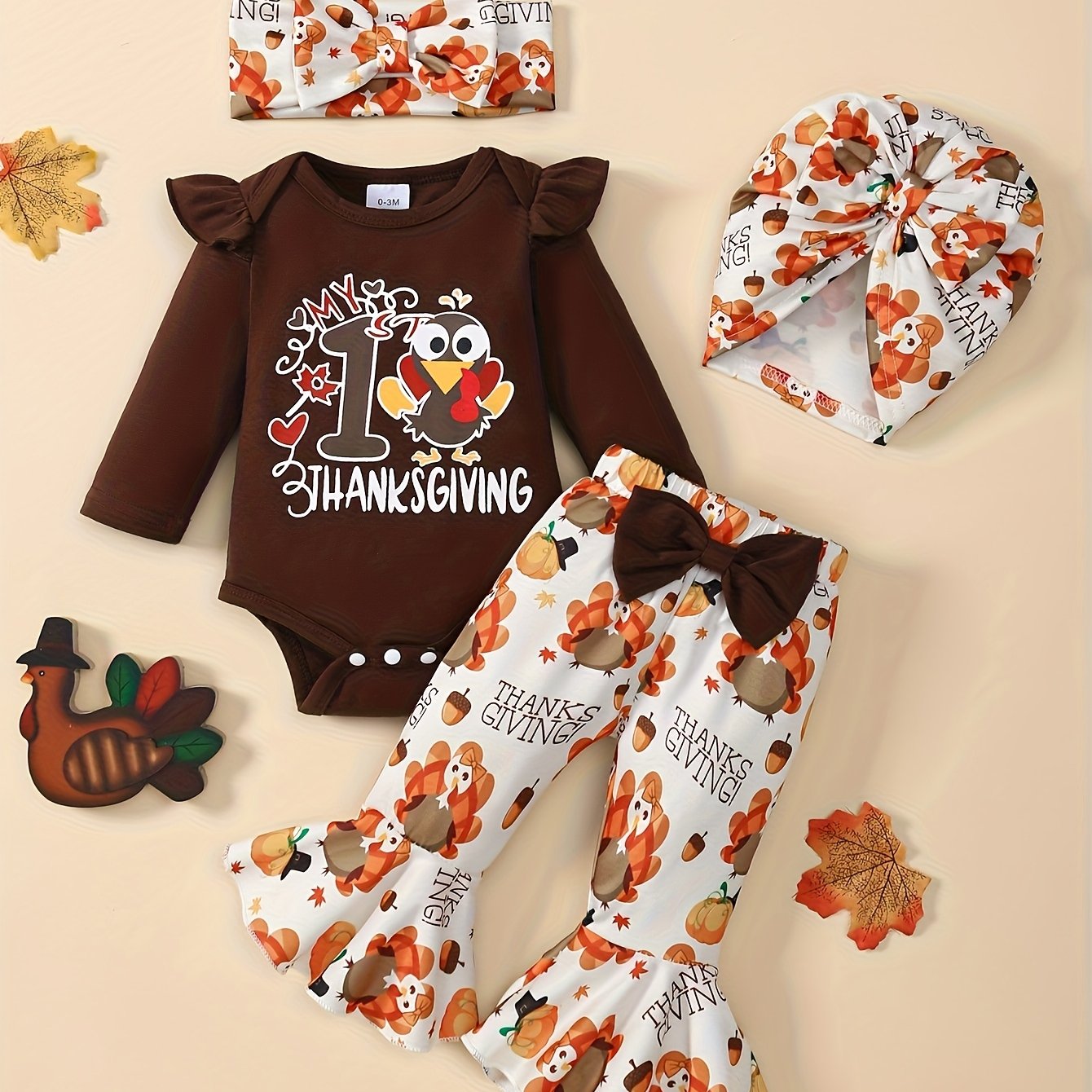 TEMU Thanksgiving Baby Girl Outfit 4pcs Set Long Sleeve Bodysuit Turkey Print Flare Pants Bow Headband Knotted Hat Newborn Fall Thanksgiving Clothes,