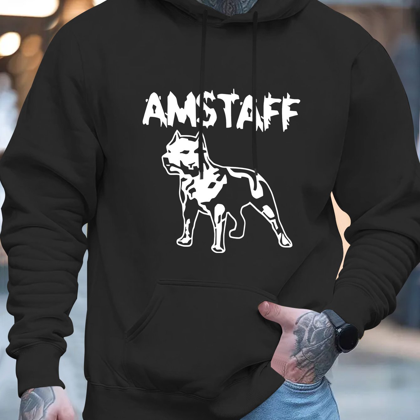 Men's Dog Print Hooded Sweatshirt - Logo & Staff Dog Graphic Hoodie, Olive Pullover With Pocket, Loose Fit Winter Wear For Dog Lovers, Machine Washable ( Hood) Suitable For Owners & Breed Enthusiasts