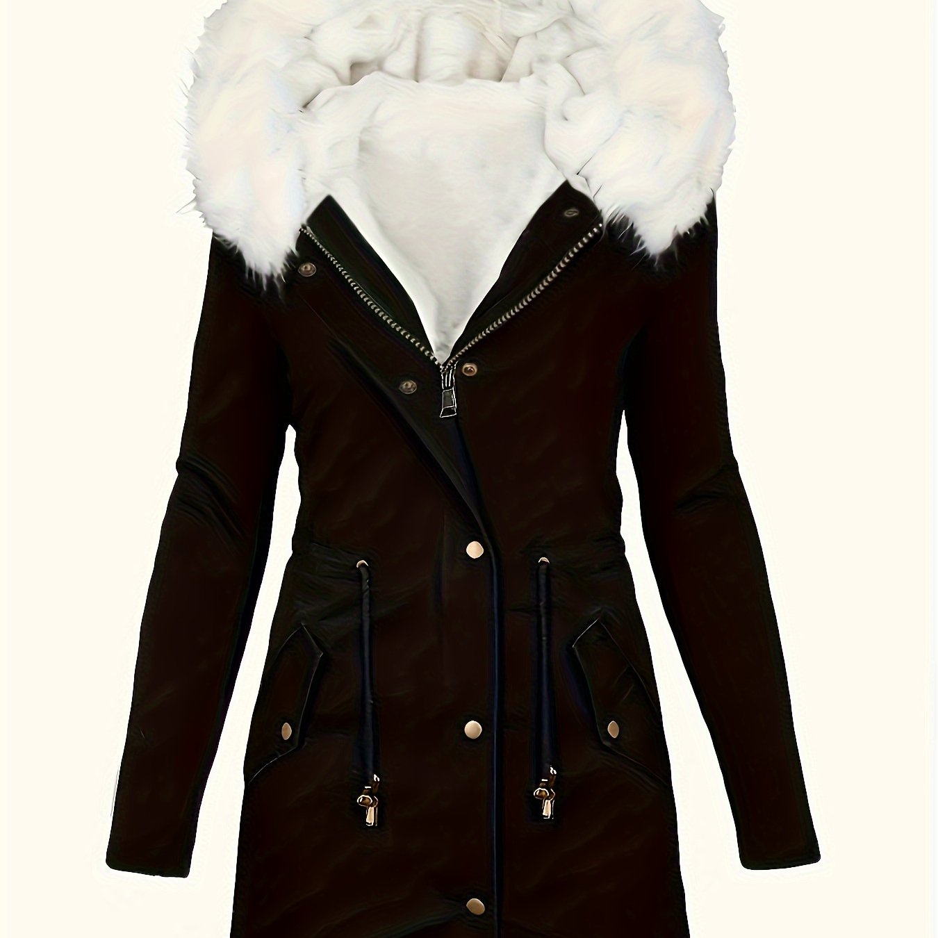 Zip-up Faux Fur Trim Hoodie Parka Coat, Long Sleeve Slant Pockets  Drawstring Coat, Women's Clothing