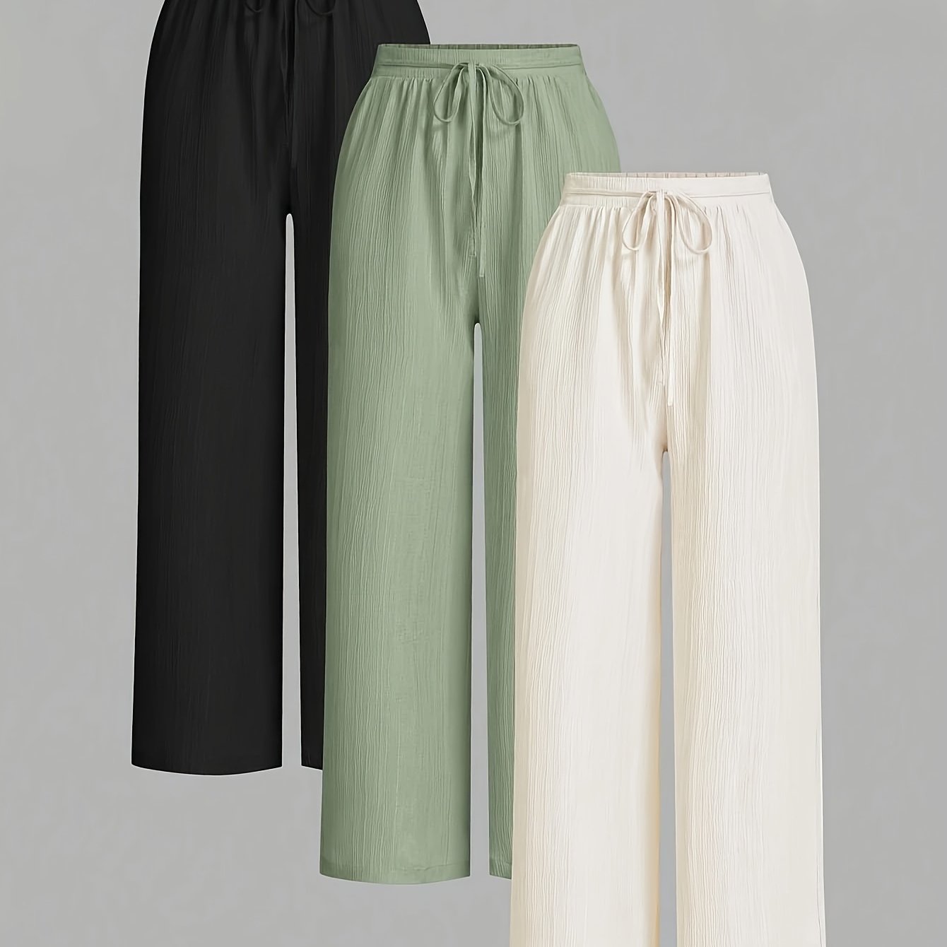 Image of Women's 3pcs Solid Color Basic Textured Stretch Waist Tie Bow Pleated Wide Leg Pant Set