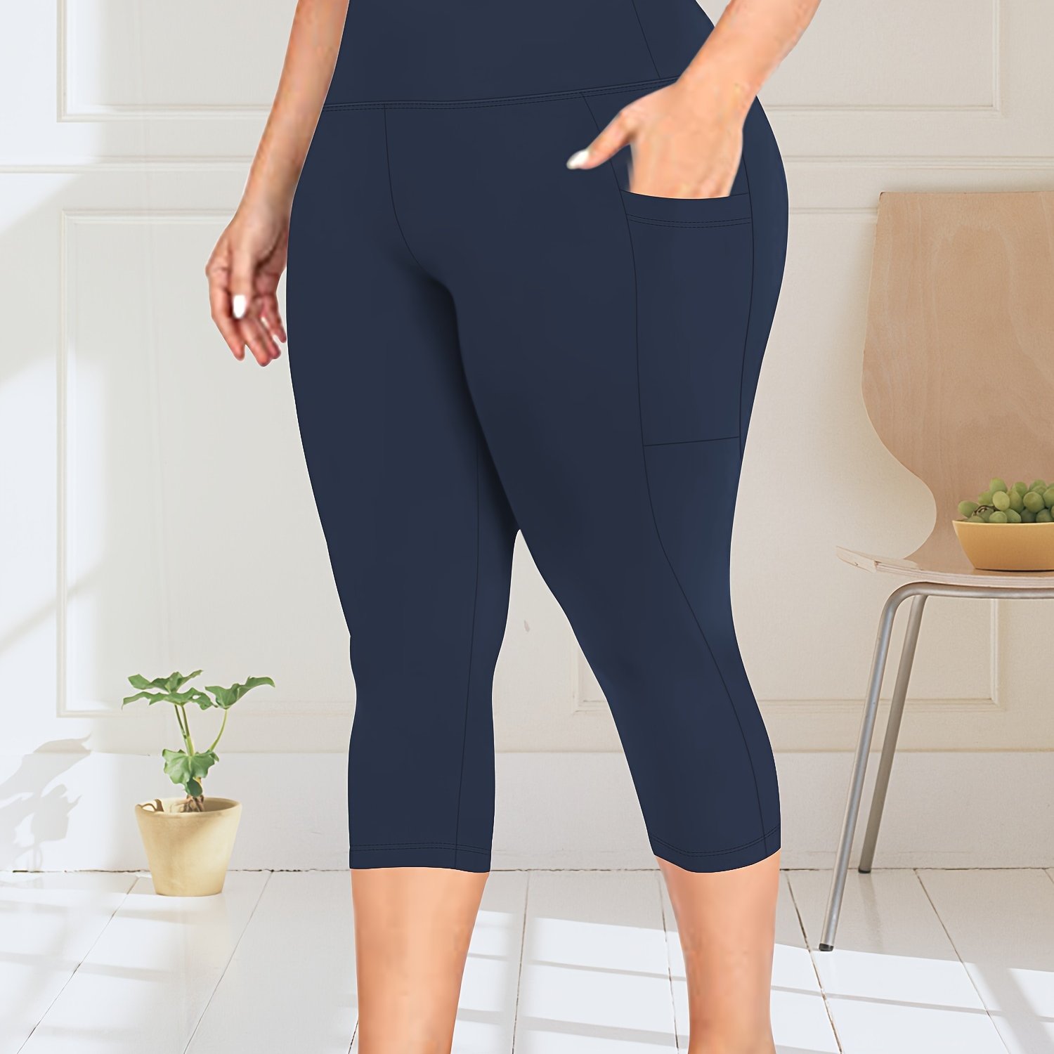 Plus Size High-waisted Capri Pants With Side Pockets