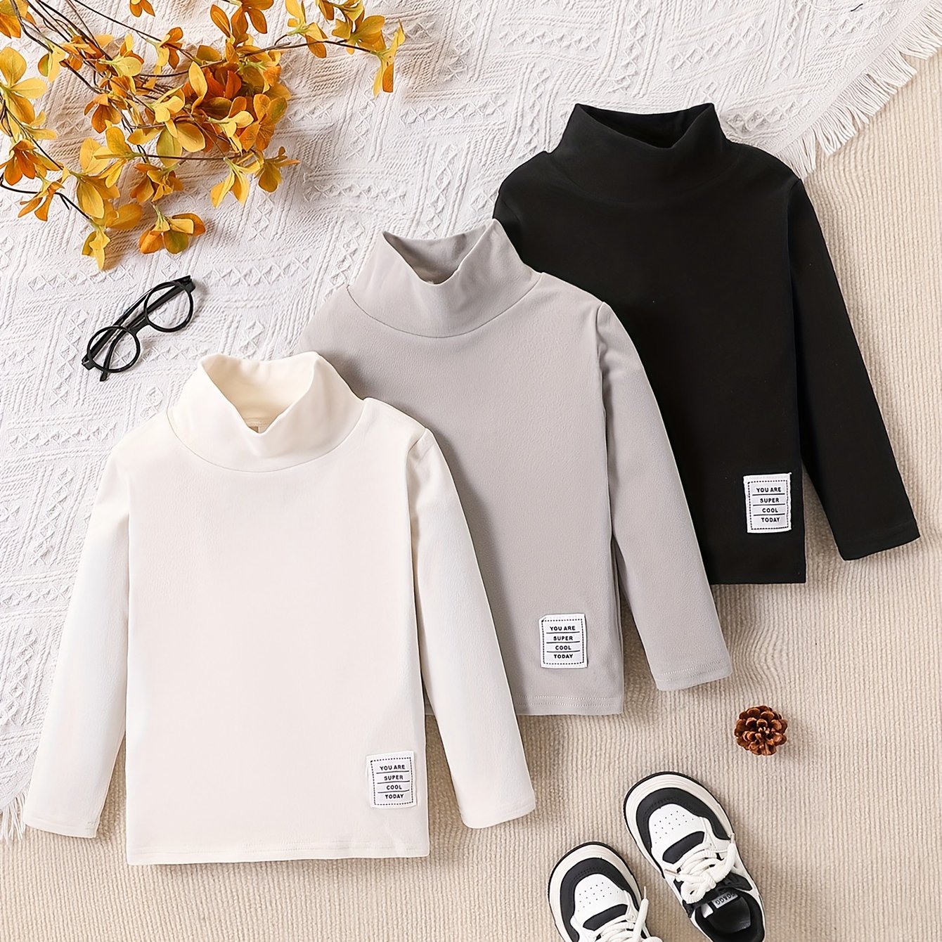 Image of Boys' Autumn/winter Simple German Velvet High-neck Knit Base Layer Top, 3pcs Winter Outdoor Warm Pullover
