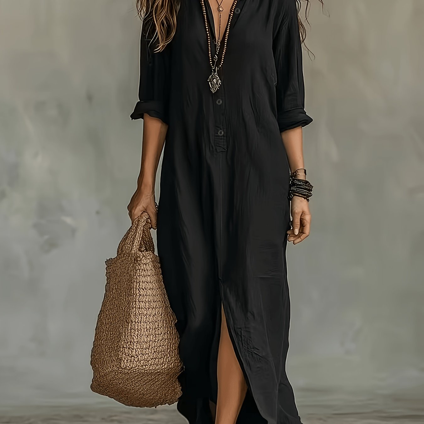 TEMU Women's Spring Summer Autumn Bohemian Solid Color Semi-open Neck Lapel Long Shirt, Casual Button-up Relaxed Style Long Sleeve Shirt Dress,
