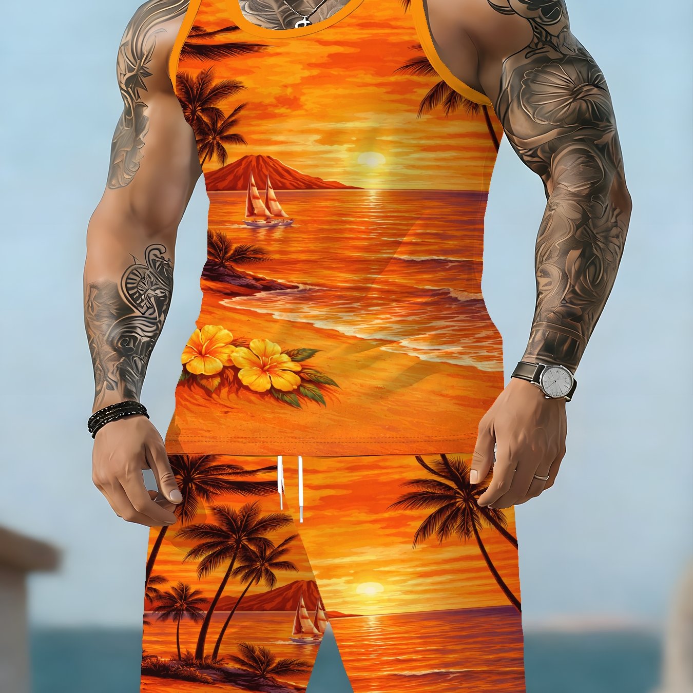 TEMU Men's Outdoor Casual 2pcs Set 2026 Summer Sleeveless Printed Tank Top   Drawstring Shorts