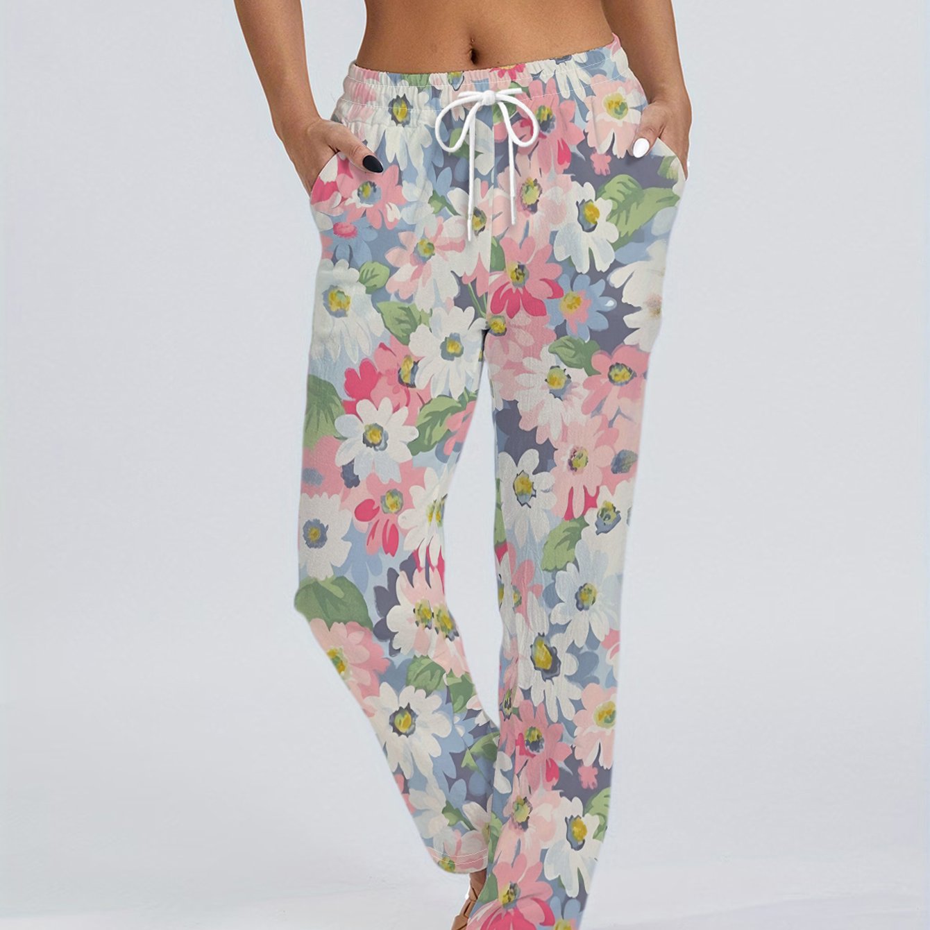 TEMU New Women's Casual Athletic Long Pants, Gray Base With Pink And White Flowers, Fresh Full Floral Print, Versatile For Holidays And Commute,