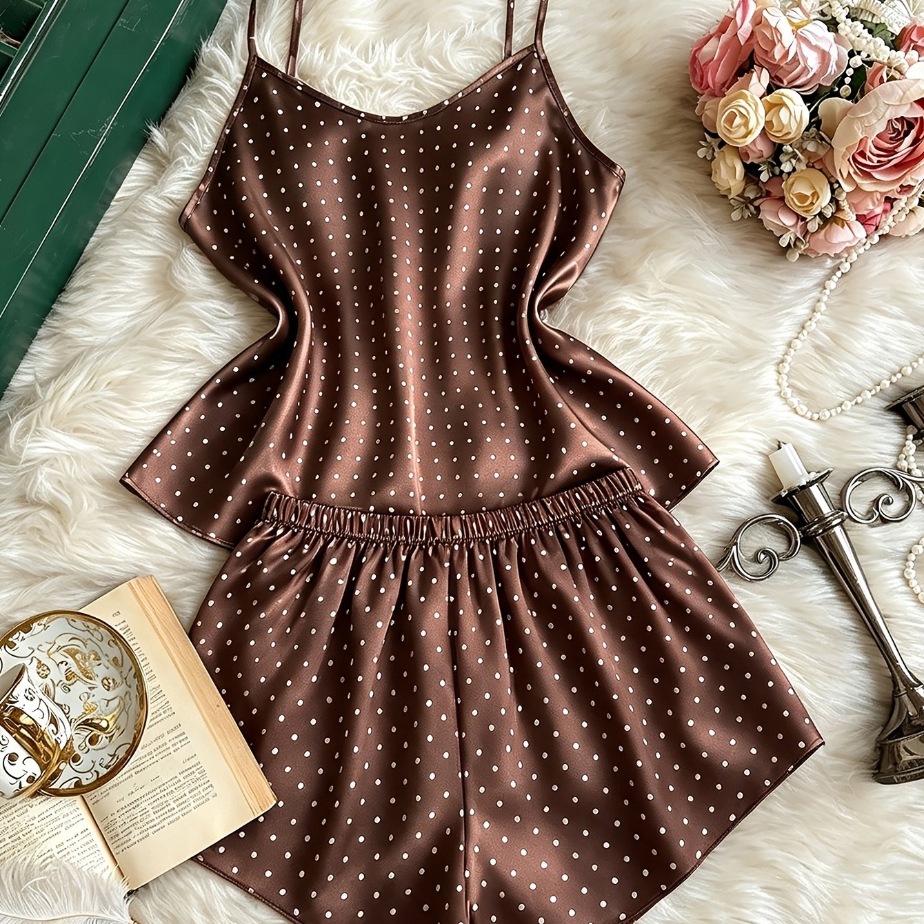 TEMU Fashionable 2pcs Women's Pajama Set With Polka Dot Crew Neck Top And Shorts, Casual And Comfortable Loungewear