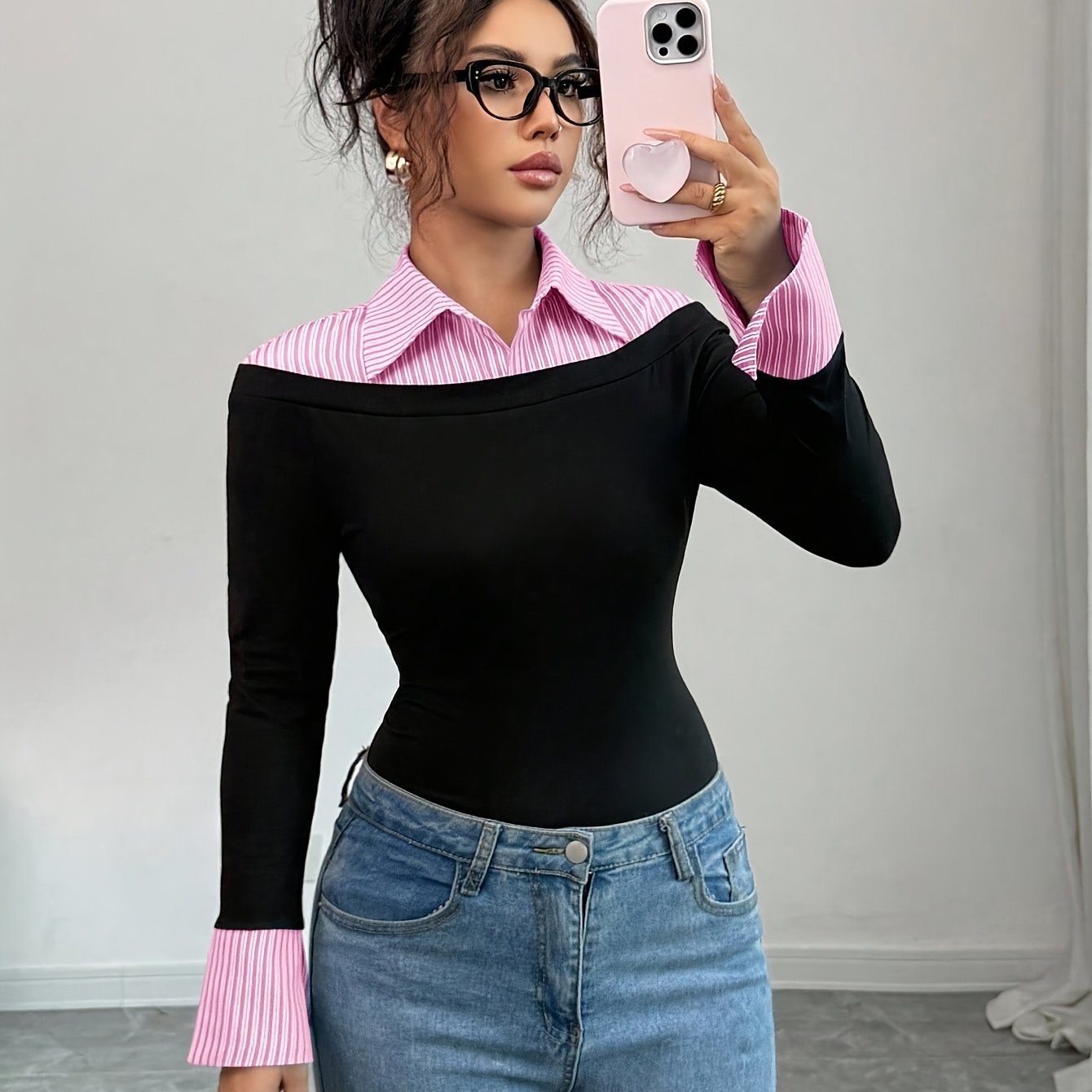 TEMU Autumn/winter Slim-fit -one Collar Long-sleeve Shirt, Vintage Color Block Collar Slim-fit Sexy Long-sleeve T-shirt, Elegant Commuter Bodycon Ab