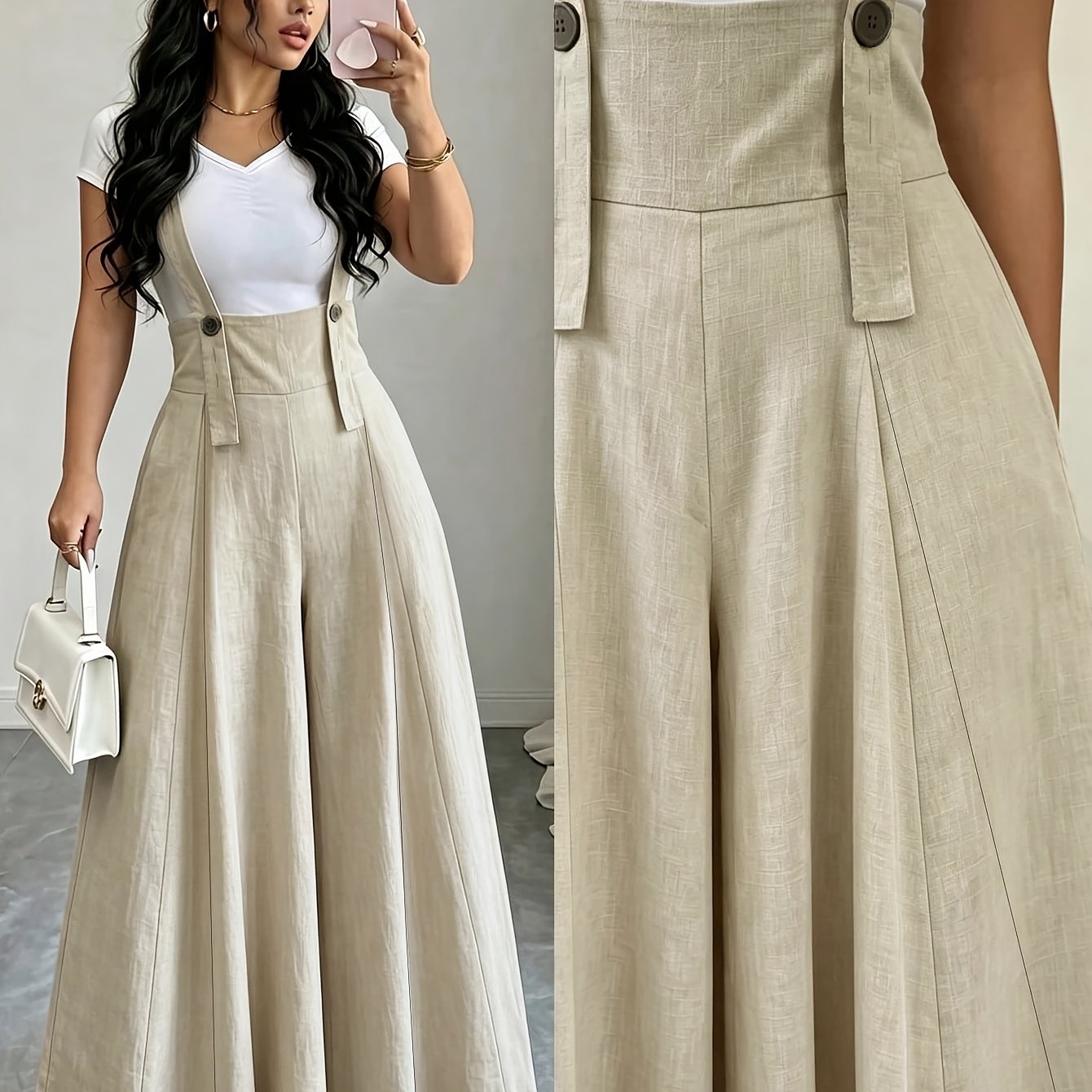 TEMU Combinaison Femme à Taille Haute et Jambes Larges en Tissu Texturé - Bretelles à Boutons et Pantalon Évasé, Barboteuse Ample et Longueur au Sol,
