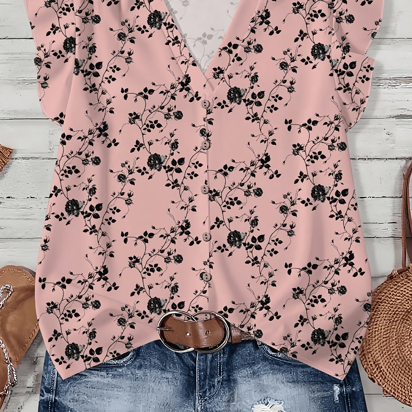 TEMU Plus Size, Plus Size Women's V-neck Short Sleeve Blouse Shirt - Elegant V-neck Blouse Top With Short Sleeves, Non-stretch Suitable For Summer,