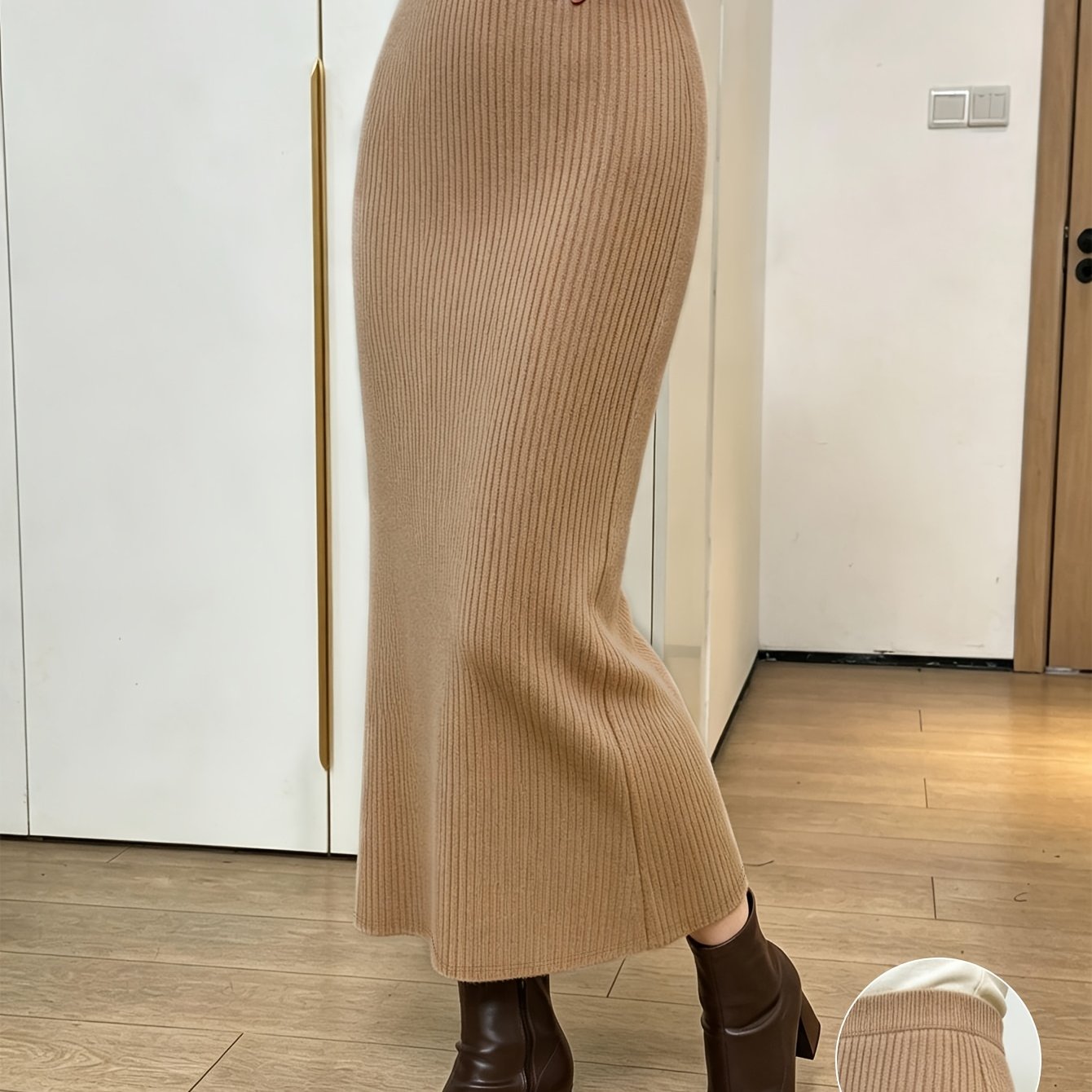 TEMU Temperament High-waist Vertical Ribbed Skirt, Gentle Style Flowing Fishtail Skirt Long Length Hip-hugging Skirt