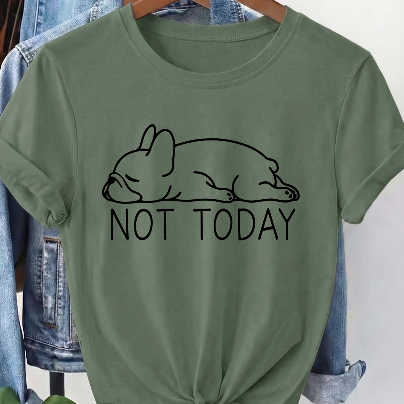 TEMU New 2026 Spring/summer Women's Short-sleeve T-shirt, Featuring A Line-drawn French Bulldog Lying With Text "not Today" And Lettering/printed