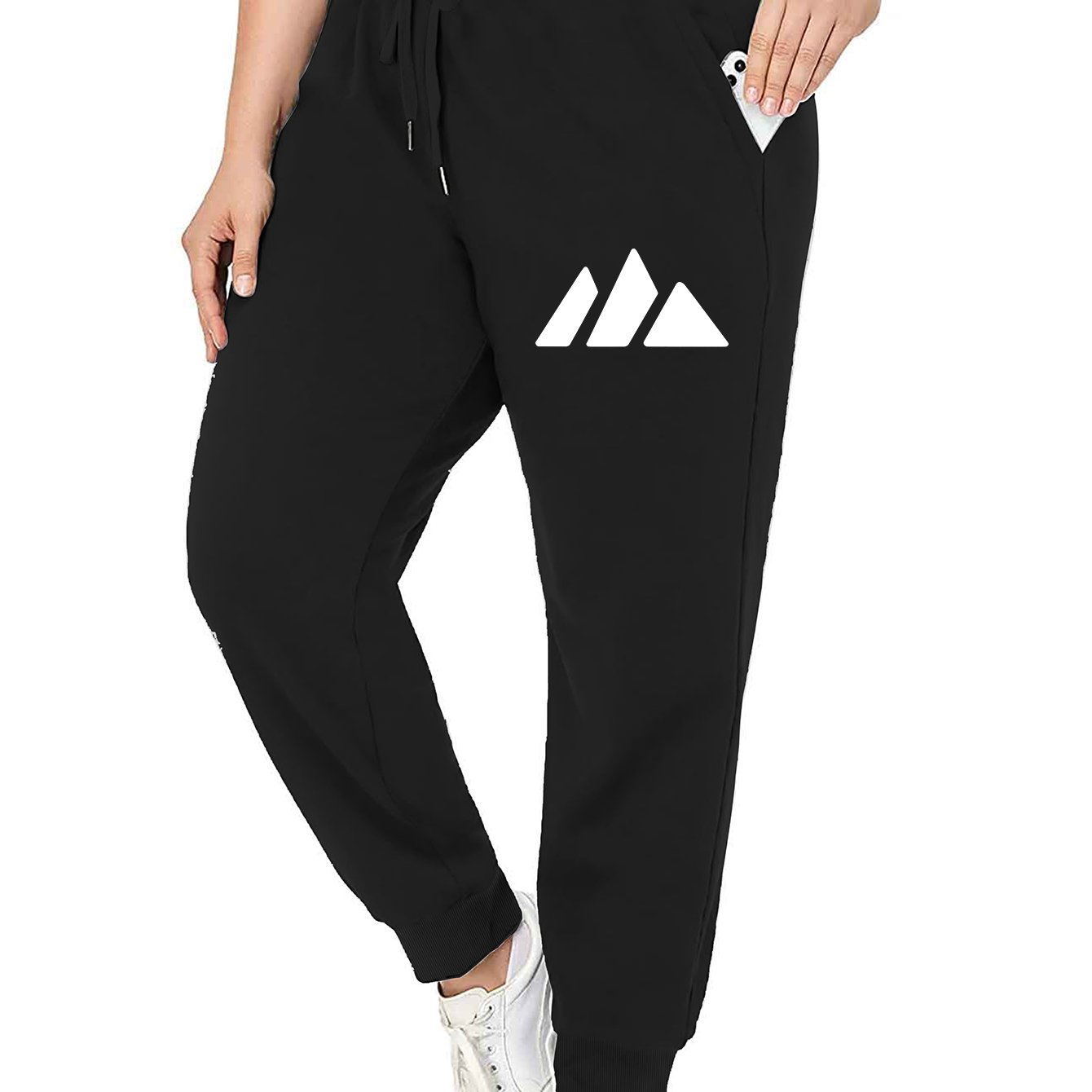 TEMU White Geometric Triangle Pattern Print, Women's Plus Size Black Long Sports Pants, Stylish Drawstring Sweatpants, Slightly Stretchy, With 2