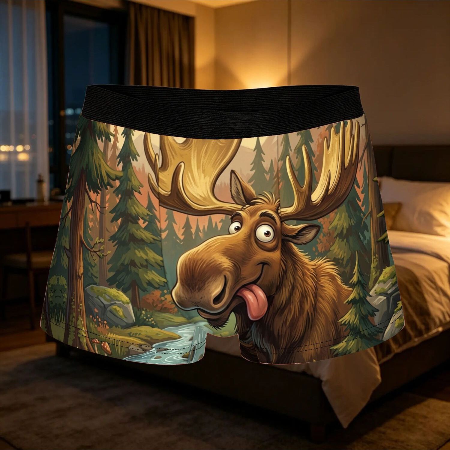 TEMU 1 pièce Impression 2D à plat, dessin animé amusant d', art de la forêt, caleçon avec motif d', sous-vêtement pour homme, short-boxer ventilé,