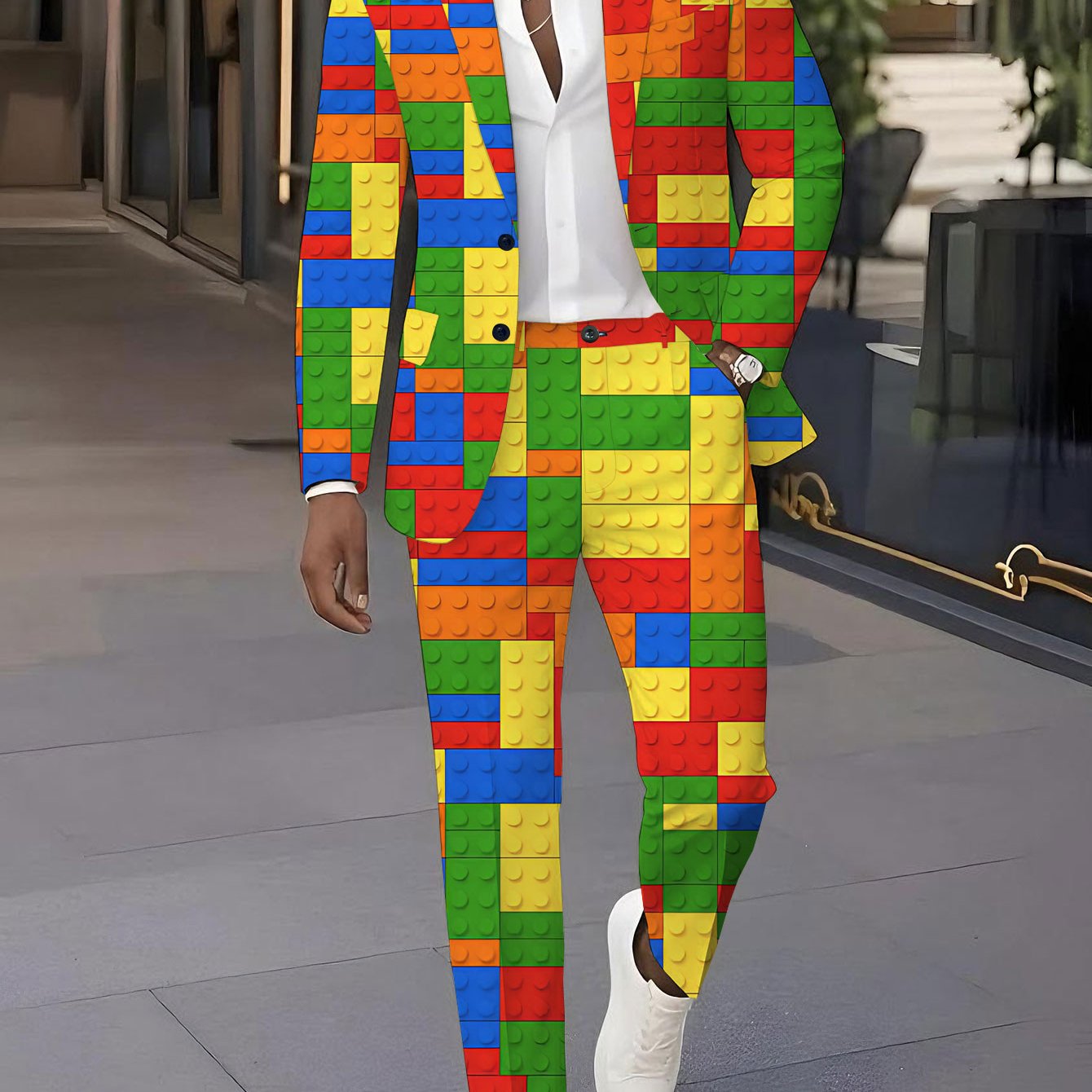 TEMU Men's Suit Set With - Trendy Printed Suit Jacket And Pants 2pcs Set, Classic Banquet Wedding Party Suit For Men, Featuring Colorful Building