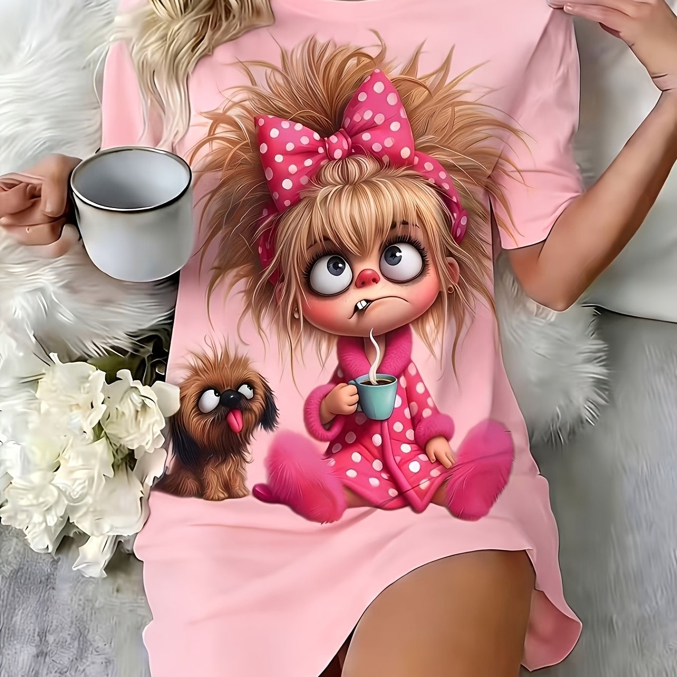 TEMU Women's Casual Round Neck T-shirt Dress With Cute Coffee And Puppy Print