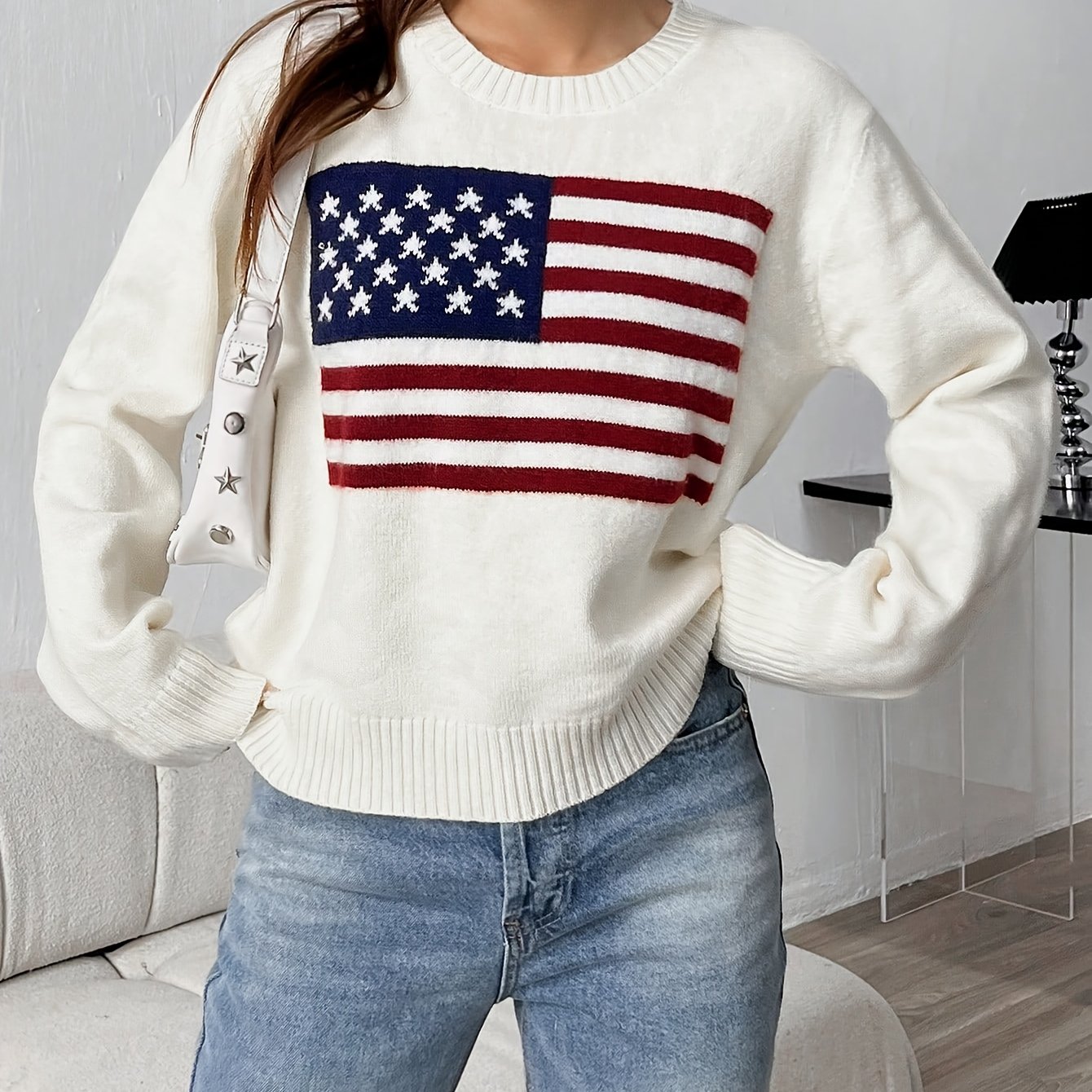 Women's American Flag Casual Sweater - Cozy Round Neck Pullover With Red/white/, Medium Stretch & Machine Washable For Fall , Sweater