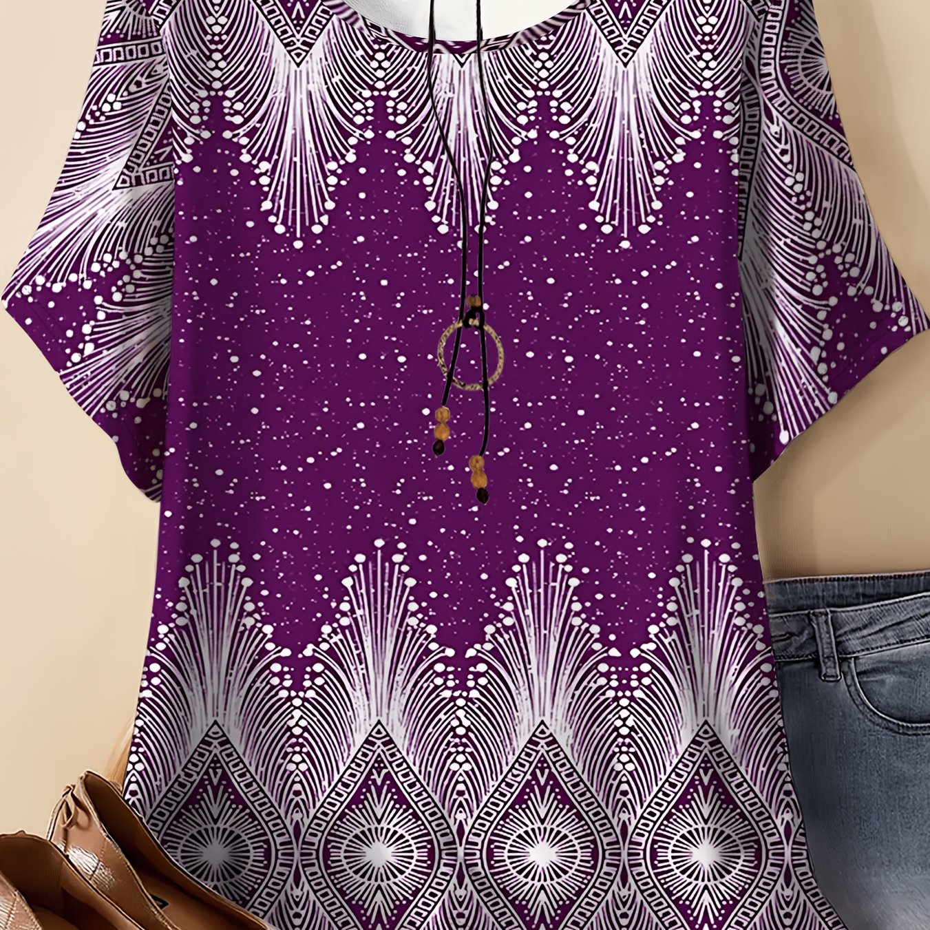 TEMU Purple Printed Loose Short-sleeve Top, Women's Ethnic Neck T-shirt, Fashionable Casual Summer Women's Clothing