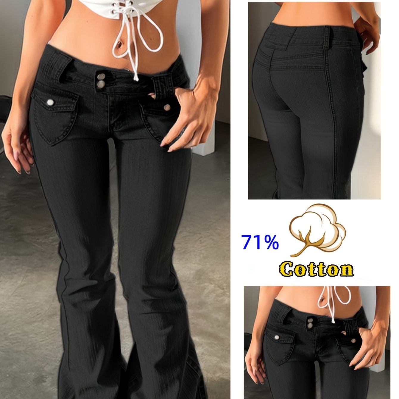 Image of Gz06787 Women's New Double-button Low-waist Sexy Vintage Black Washed Stretch Skinny Cargo Pocket Flap Design Micro-flare Jeans