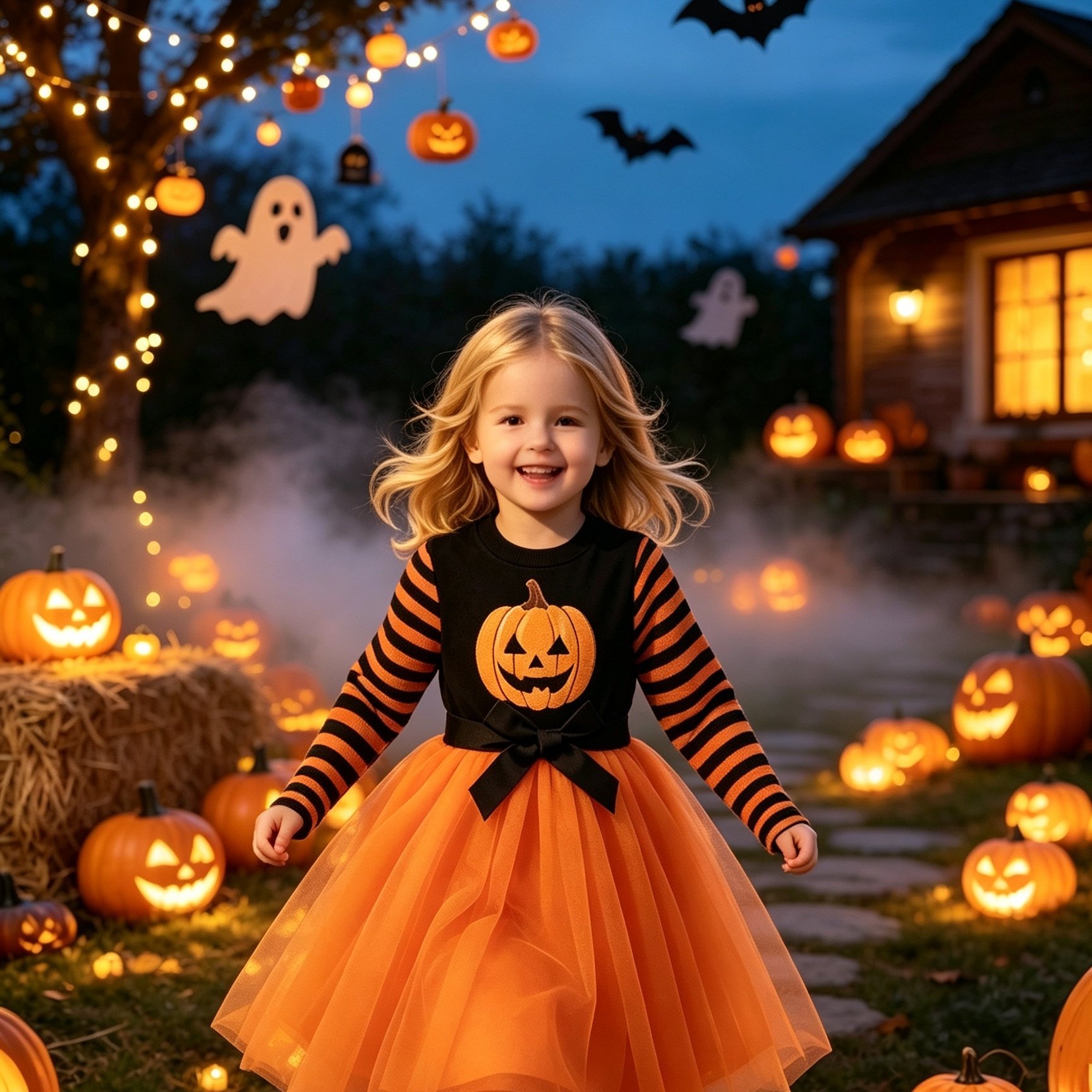 Image of Girls' Dress, Halloween Party Dress, Knitted Long Sleeve Round Neck, Pumpkin Striped Mesh Skirt, Party Dress, Gift, Clothing