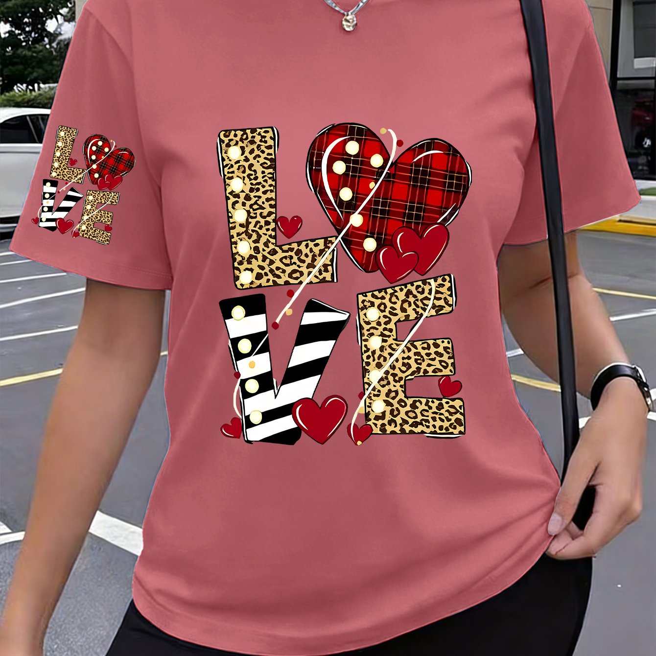 TEMU 1pc "love" Letter With Heart Leopard Print New Y2k Style Single-sleeve Printed Women's Sportswear Summer Elegant Comfortable Breathable Round