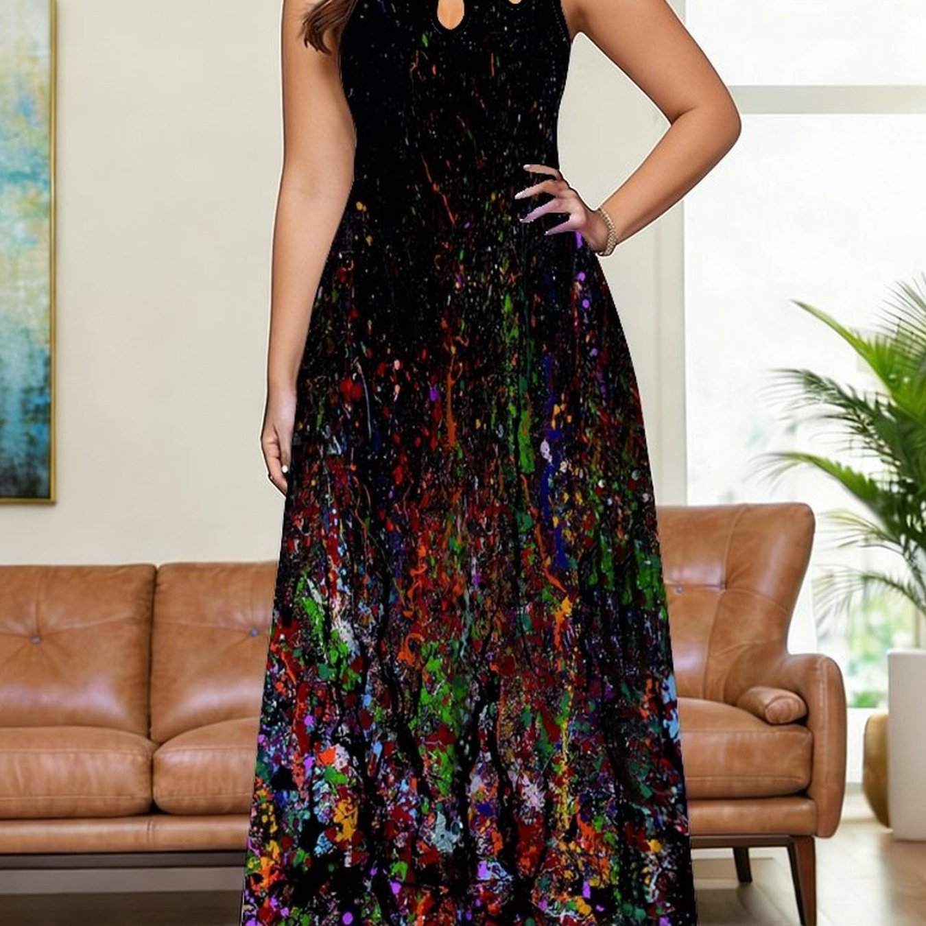 Plus Size - Women's Dress, Women's Plus-size Dress, Tie-dye Style Full-body Print, Elegant Women's Wear, Trendy Fashion Style, Beach Vacation , Sleeveless Dress With Chest Cutout Vest