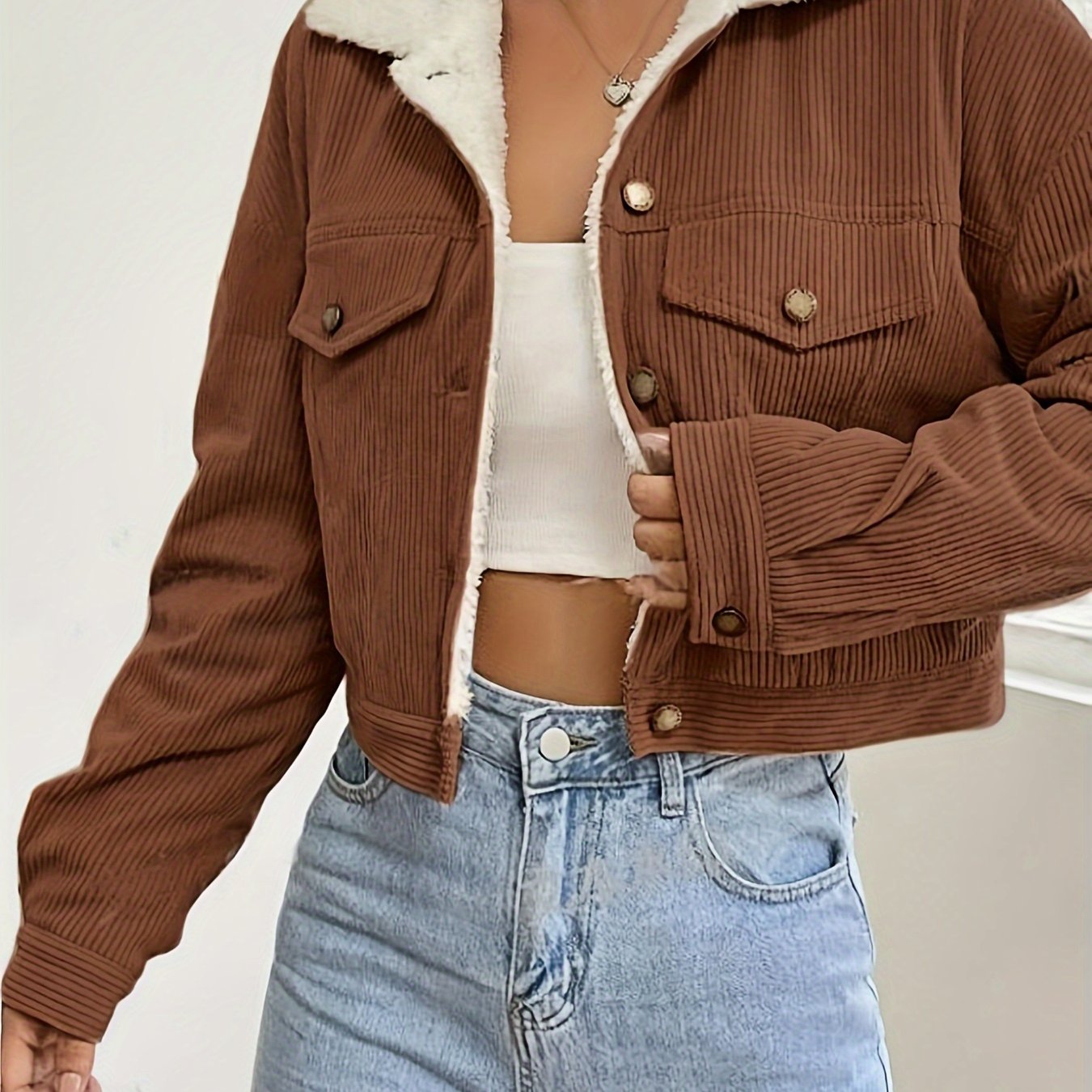 TEMU Women's Short Corduroy And Lamb Jacket For Autumn And Winter, Featuring A Fleece Collar, Versatile Korean-style Warm Top