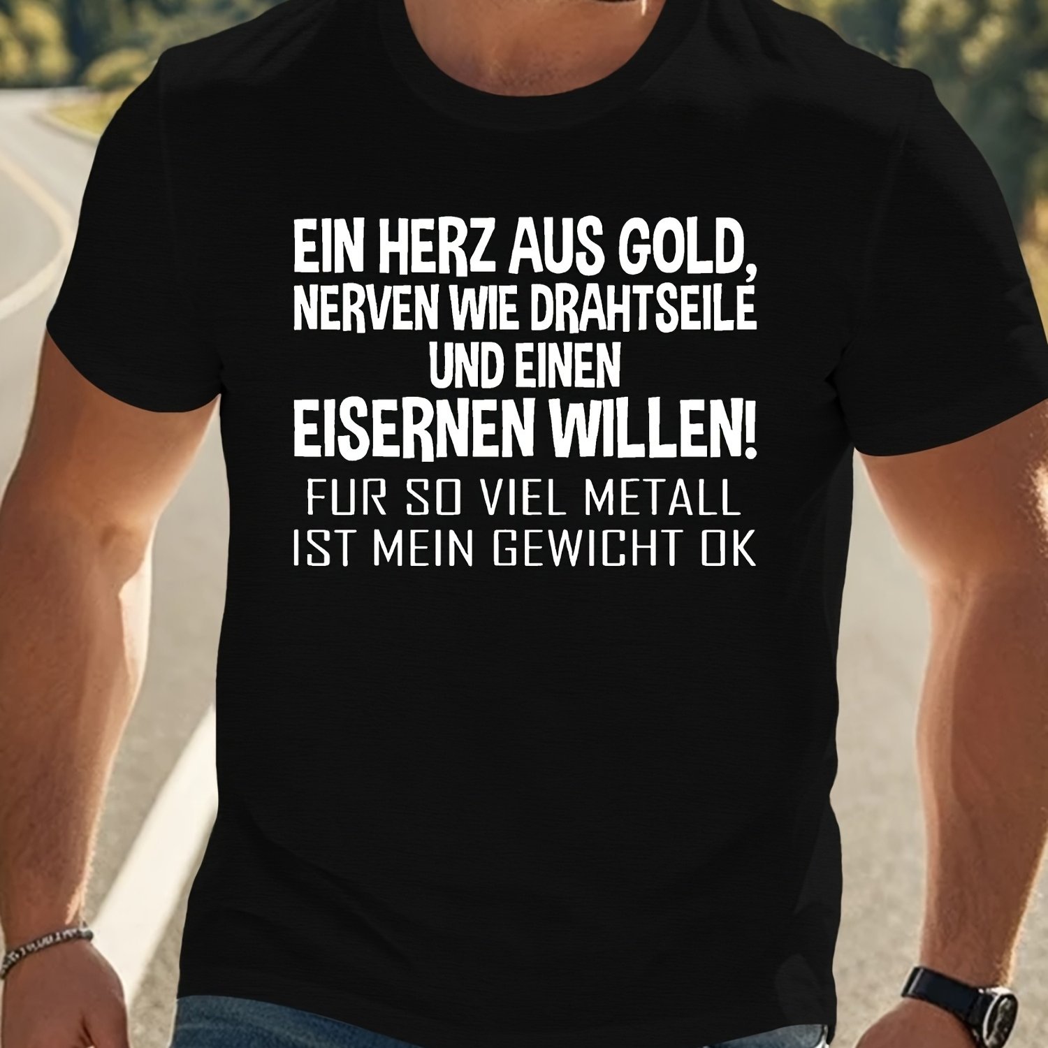 Plus Size German Fun Crinkle Men's T-shirt| Casual Crew Neck, Long Sleeve, Fabric, Print Pattern, Fit, Plus Size