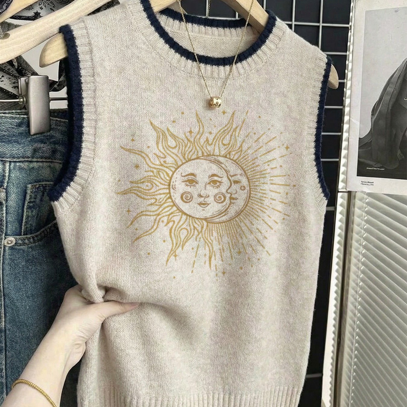 TEMU Summer Women's Lightweight Pullover Sweater With 2d – Sun And Moon Double-sided Design, Spring Summer Autumn Winter Casual Top, Elegant Bohemian