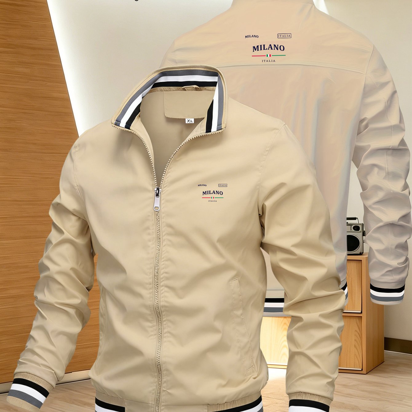 TEMU Spring -style Men'-color Collar Casual Jacket. Loose And Multi- Of Movement And Wind Resistance. Featuring Elements. Suitable For Jogging,