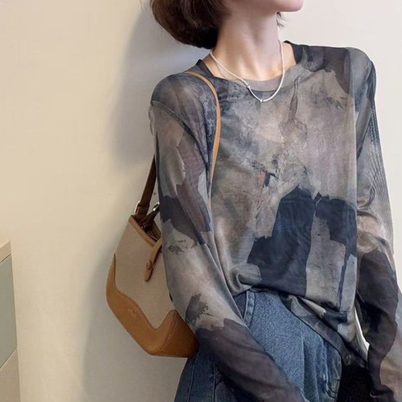 TEMU レディース 春夏秋 ヴィンテージ エスニック シアーパネル サンシェード ブラウス - ルーズフィット 長袖トップ インク & 洗濯機対応 カジュアルウェア (ノン-)