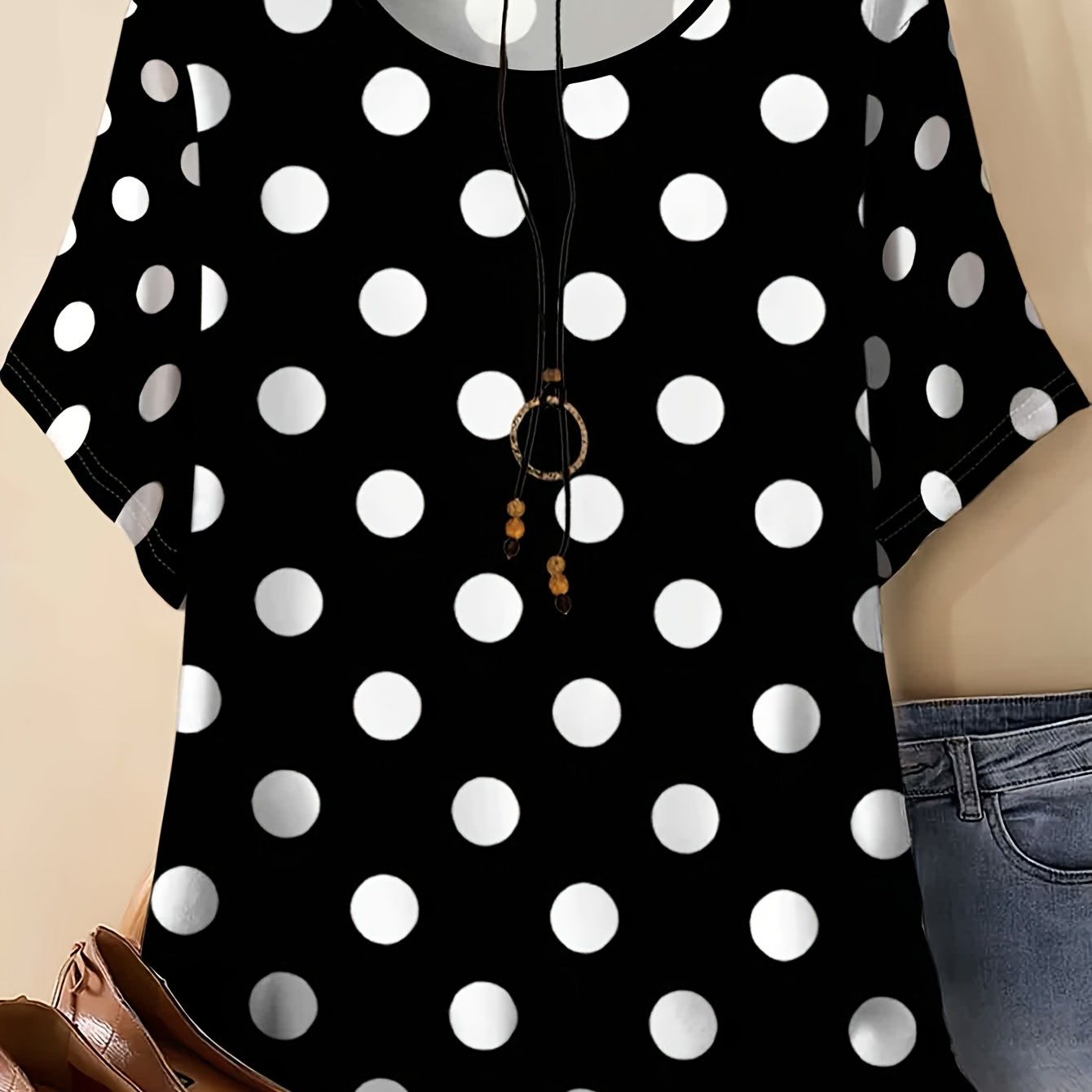 TEMU Plus-size Women's Black And White Polka Dot Short-sleeve T-shirt, Loose Casual Top For Ladies, Stylish Summer Round-neck Pullover