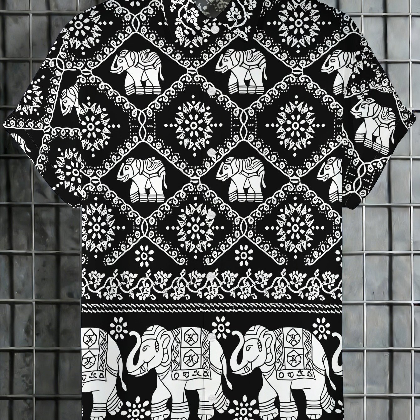 TEMU Men's Short Sleeve Shirt, With White Elephant And Ethnic Floral Pattern