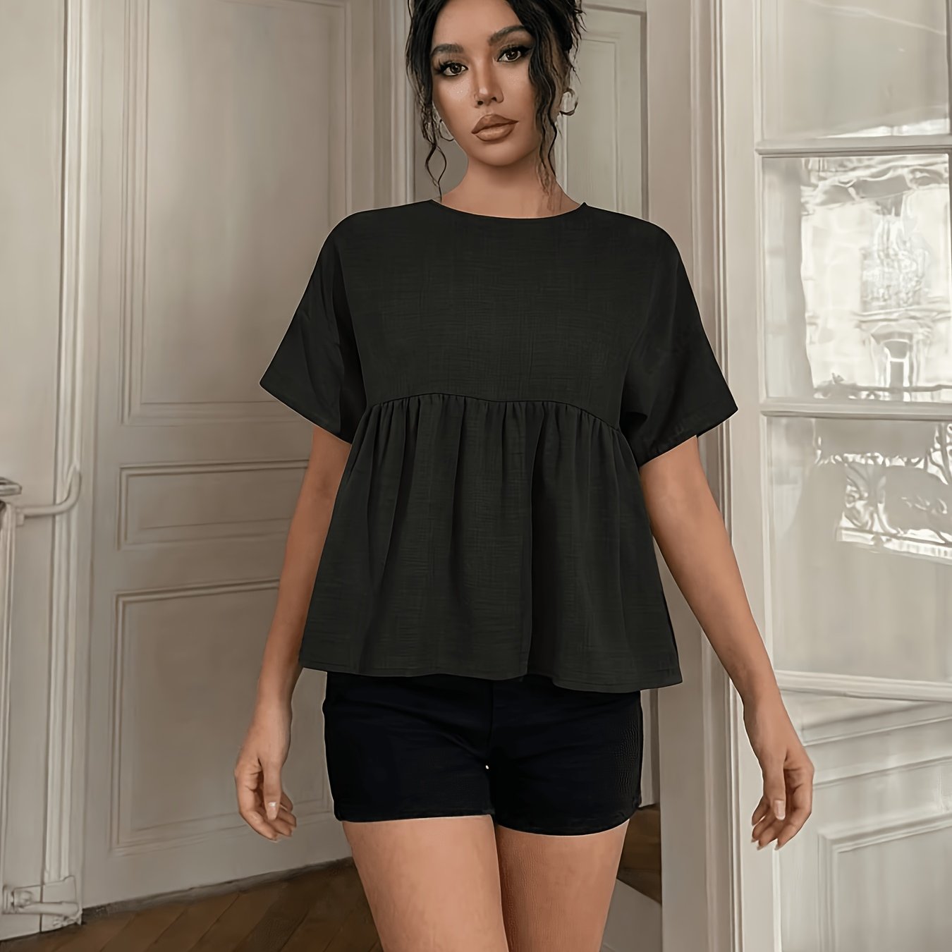 TEMU Elegant Holiday Resort Style Loose Fit Short Sleeve Top, Simple And Versatile Basic Women's T-shirt