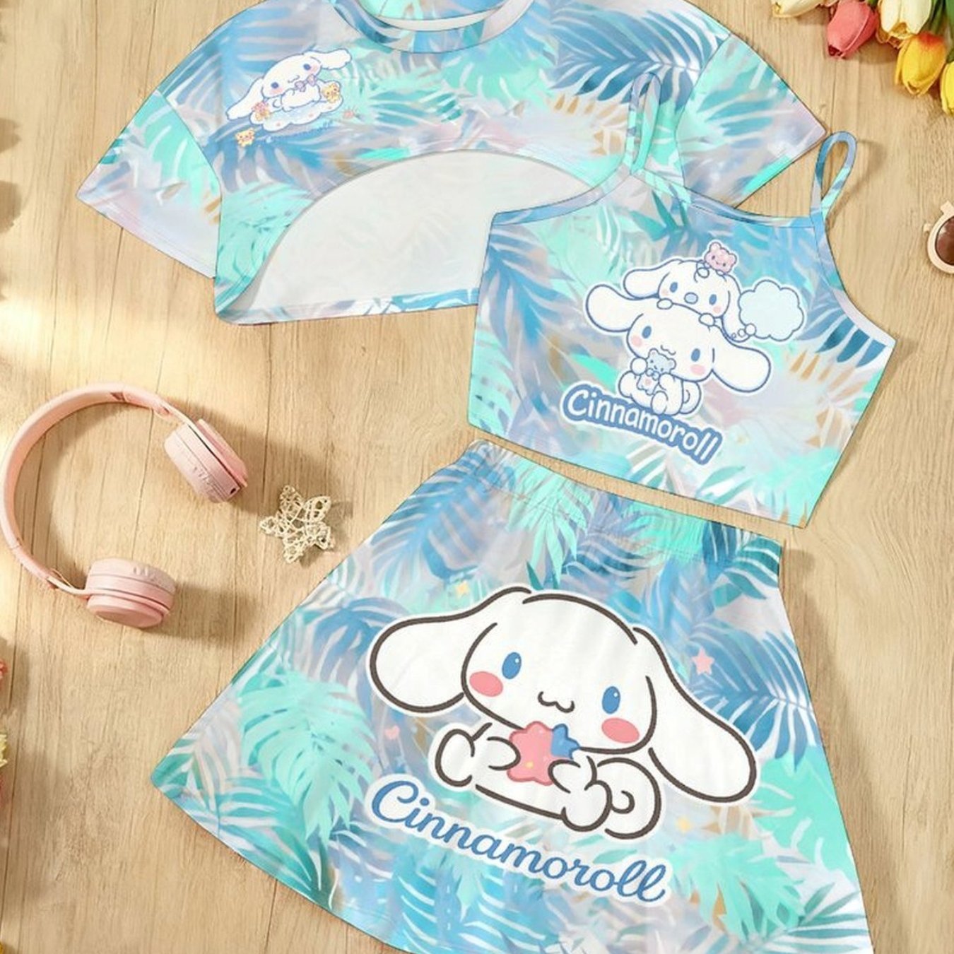 Image of Girls' Coat+strap+short Skirt 3pcs Set - Digital Printed And Kuromi Cinnamoroll Pattern Printed Casual Fashion Dressing, Perfect For Outdoor