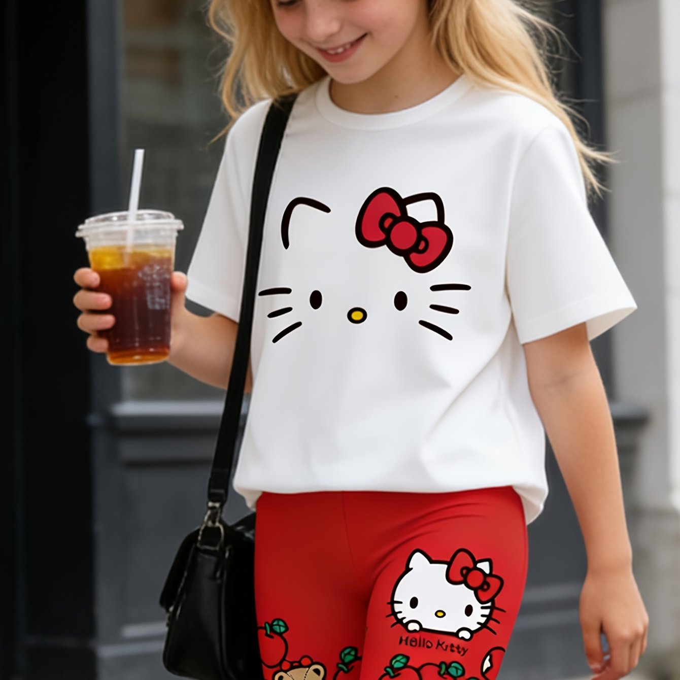 Image of Girls' Casual Round Neck Hello Kitty Cartoon Print T-shirt + Slim Fit Hip-hugging Shorts Two-piece Set, For Outdoor, Christmas, Halloween