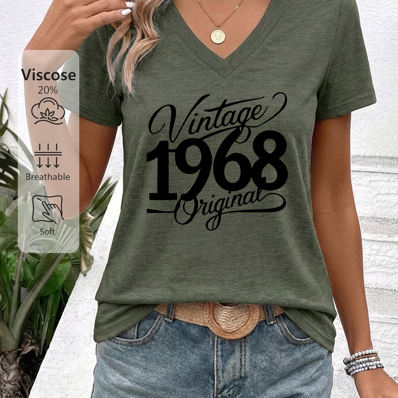 TEMU Women' Vintage Edition T-shirt - -neck Short Sleeve Blouse-compatible Top Suitable For Casual Wear & Birthday Outfits, Soft Machine-washable