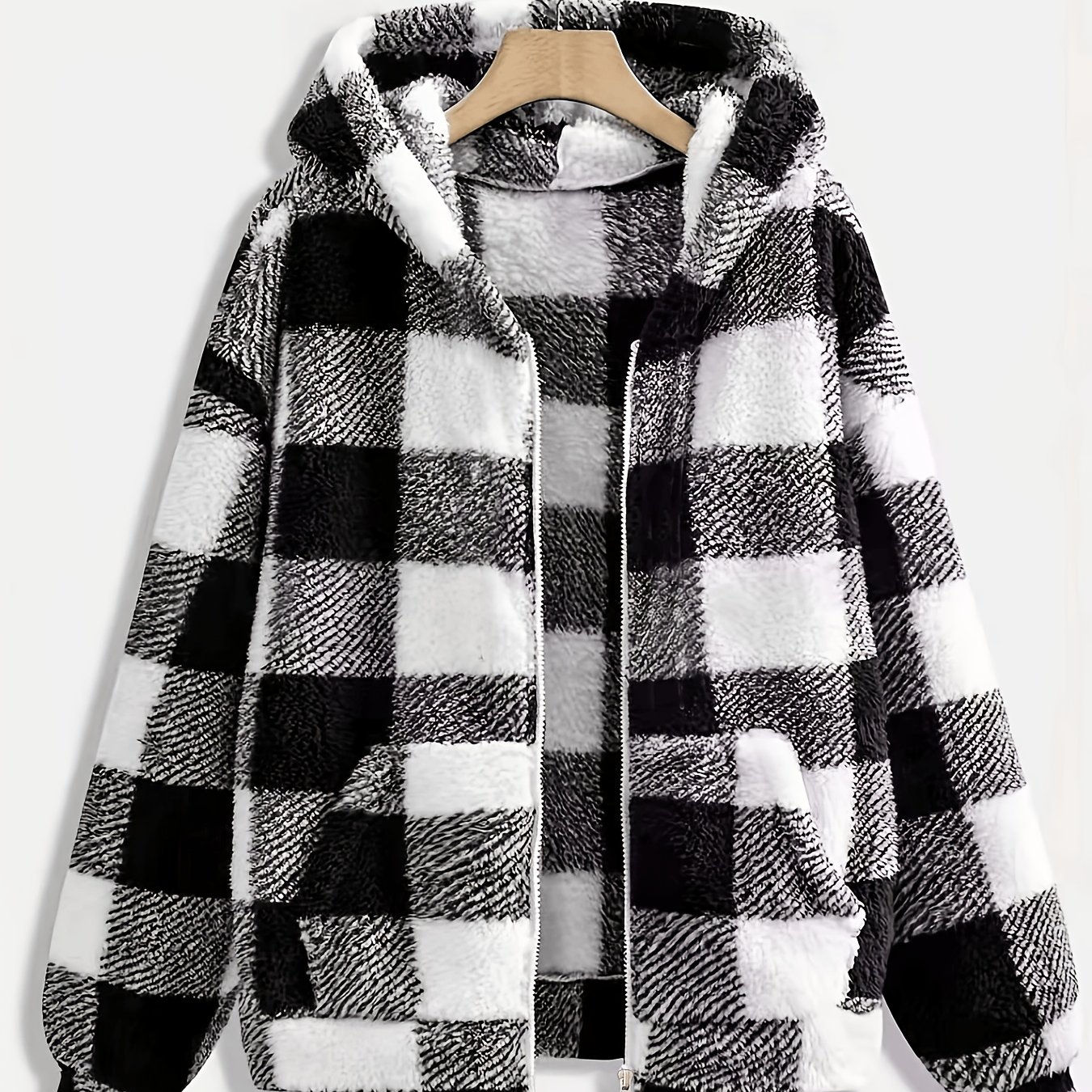 TEMU Black And White Checkered Plush Zip-up Sweatshirt, Single-piece Hooded Sweatshirt With Pockets, Suitable For Autumn And Winter, For Wearing In